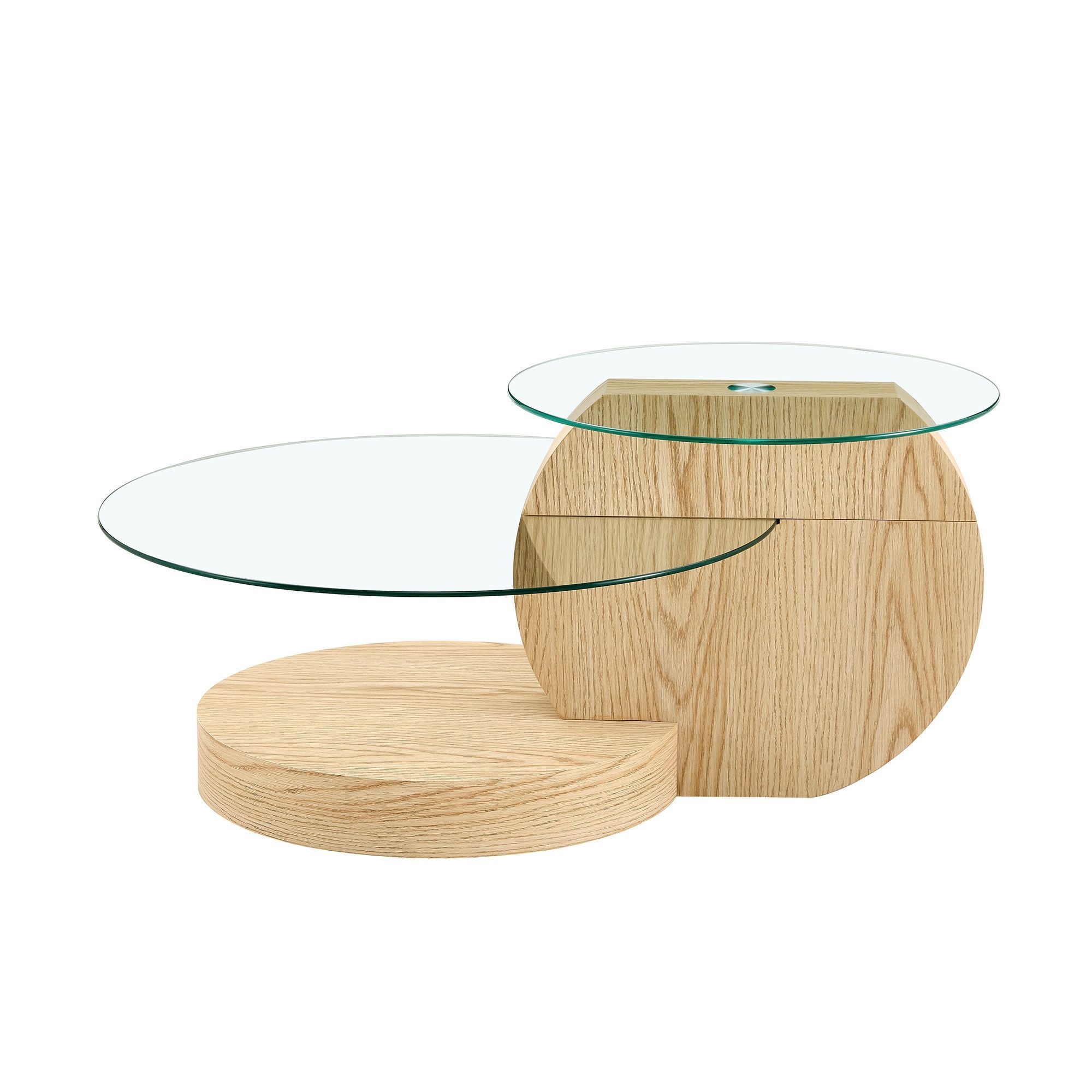 gopop Couchtisch 2er Set, Rundes Glas-Beistelltisch Wohnzimmertisch mit Stauraum, 6 mm Hartglasplatten, MDF-Basis, 90x70 cm