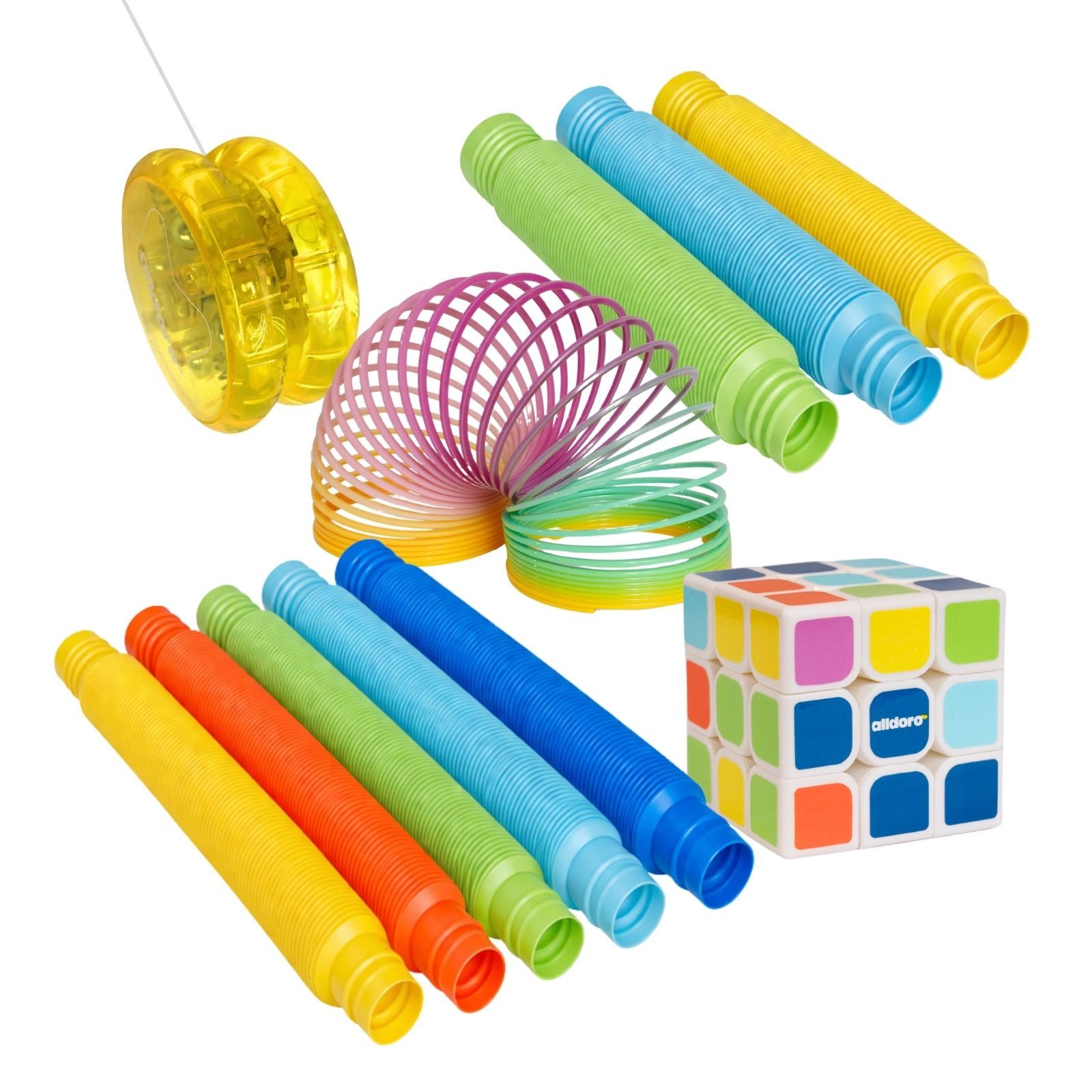 alldoro Fidget-Gadget Fidget Spielzeug Set, Pop Tubes, Zauberwürfel, Treppenläufer & JoJo, fördert Sensorik, Motorik & Spielspaß, ideal als Mitgebsel für Kinder