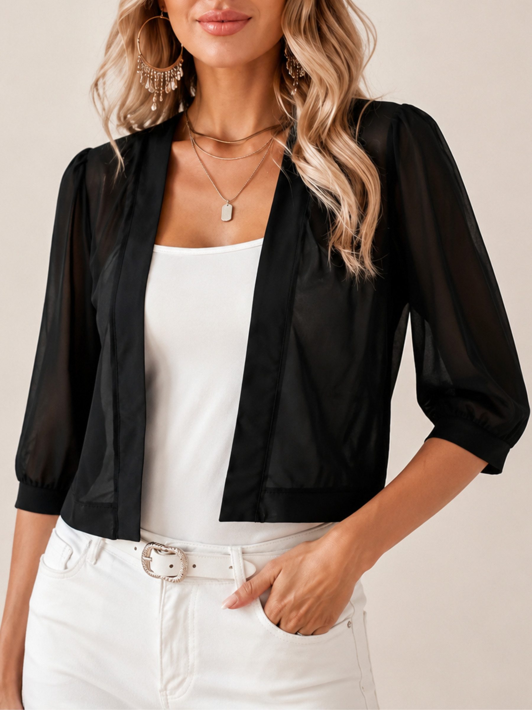Elegant Love Cardigan Damen Chiffon Bolero transparent – leichte Kurzjacke mit 3/4-Ärmeln Offene Sommerjacke – eleganter Überwurf für Abendkleid & Freizeit