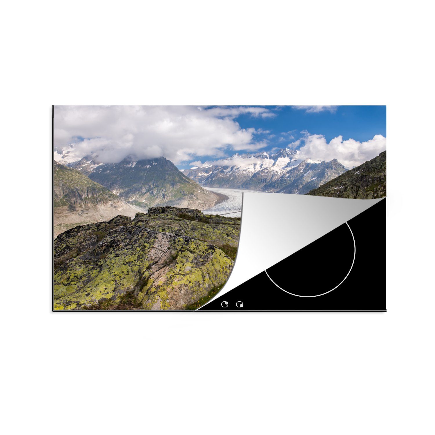 MuchoWow Herdblende-/Abdeckplatte Der Aletschgletscher in der Schweiz mit einer grünen Bergspitze und, Vinyl, (1 tlg), 81x52 cm, Induktionskochfeld Schutz für die küche, Ceranfeldabdeckung
