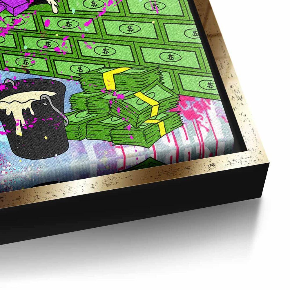 Geld Leinwandbild, DOTCOMCANVAS® Dagobert Comic Duck ohne hustle Leinwandbild Rahmen Pop Graffiti Art