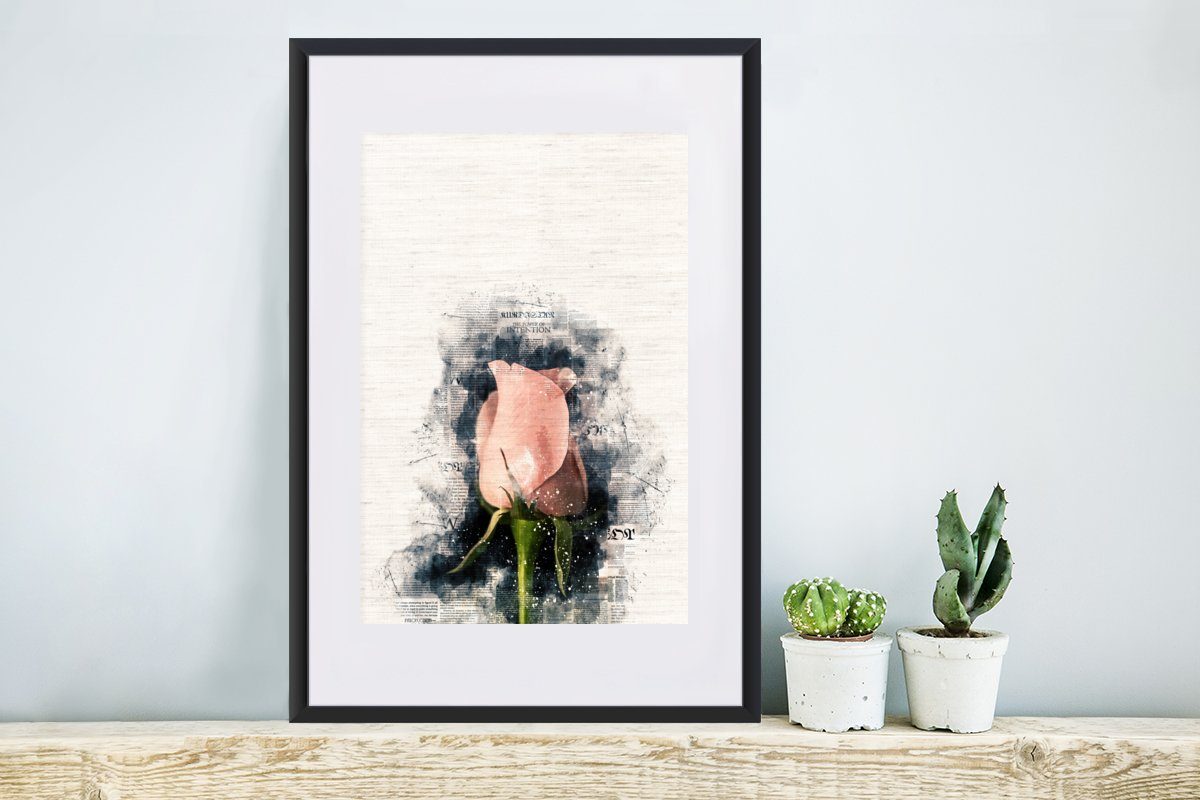 MuchoWow Poster Rosa Blume mit (1 Kunstdruck, mit Schwarzem Gerahmtes Bilderrahmen Rahmen, abstraktem Leuchten, Poster, St)