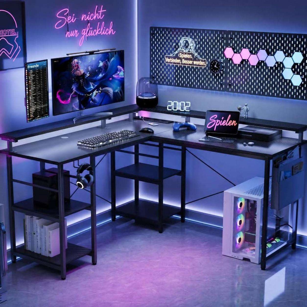Aiorber Computertisch Aiorber-Cabrio L-Schreibtisch Schwarz mit RGB LED und Stauraum, L-förmig, umkehrbarer Aufbau, Monitorständer, Kopfhörerhaken – Bild 2 von 5