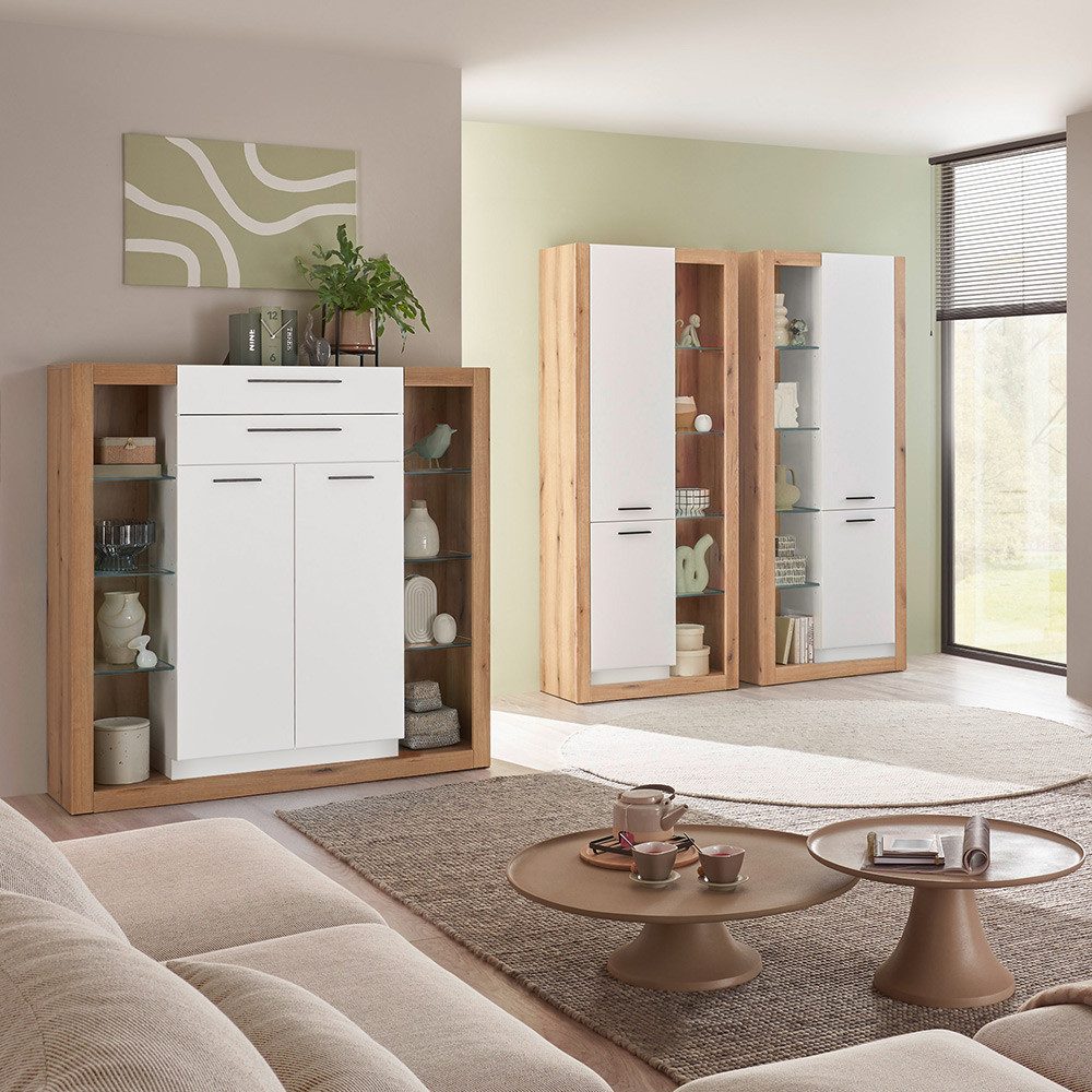 Lomadox Wohnzimmer-Set BELLAGIO-61, (Mega-Spar-Set, 3-St., Highboard Vitrinenschränke), in Eiche mit weißen Fronten, viel Stauraum, Glaseinlegeböden
