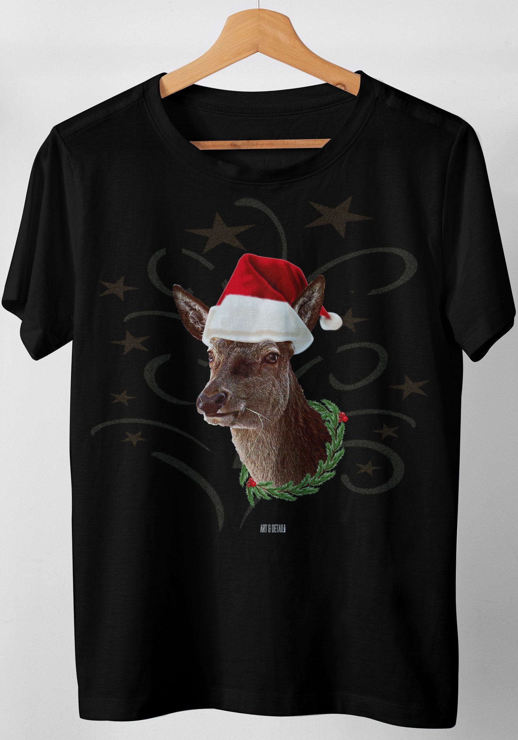 & Design Weihnachtsmütze T-Shirt Xmas Weihnachten Art Reh Mrs Detail Shirt mit