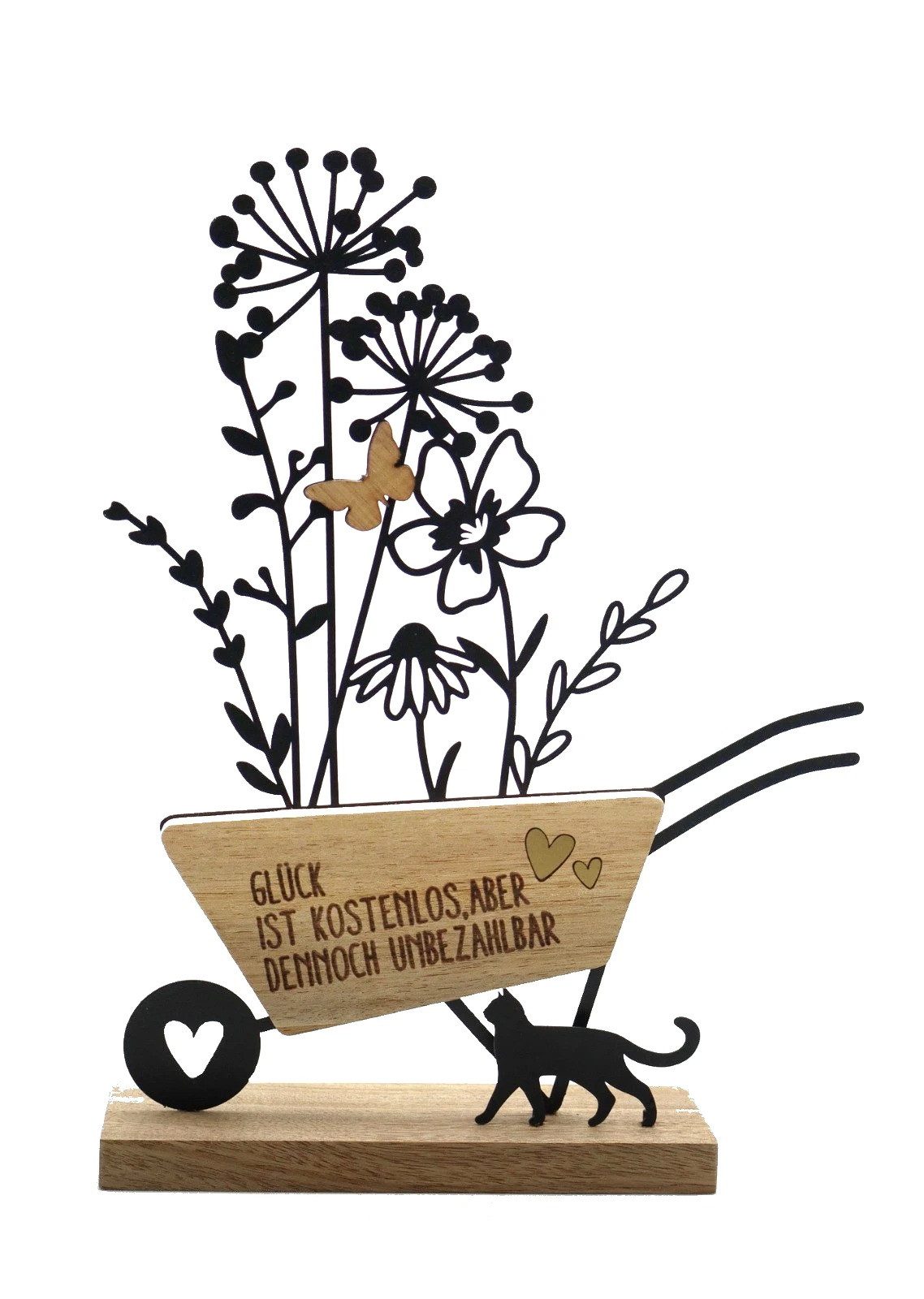 Kaufhaus le petit Dekoobjekt Deko Holz Karre Schubkarre Metall Blumen Katze Herz Figur Skulptur, auf Sockel Silhouette Objekt Blumenvase Dekofigur Dekoskulptur