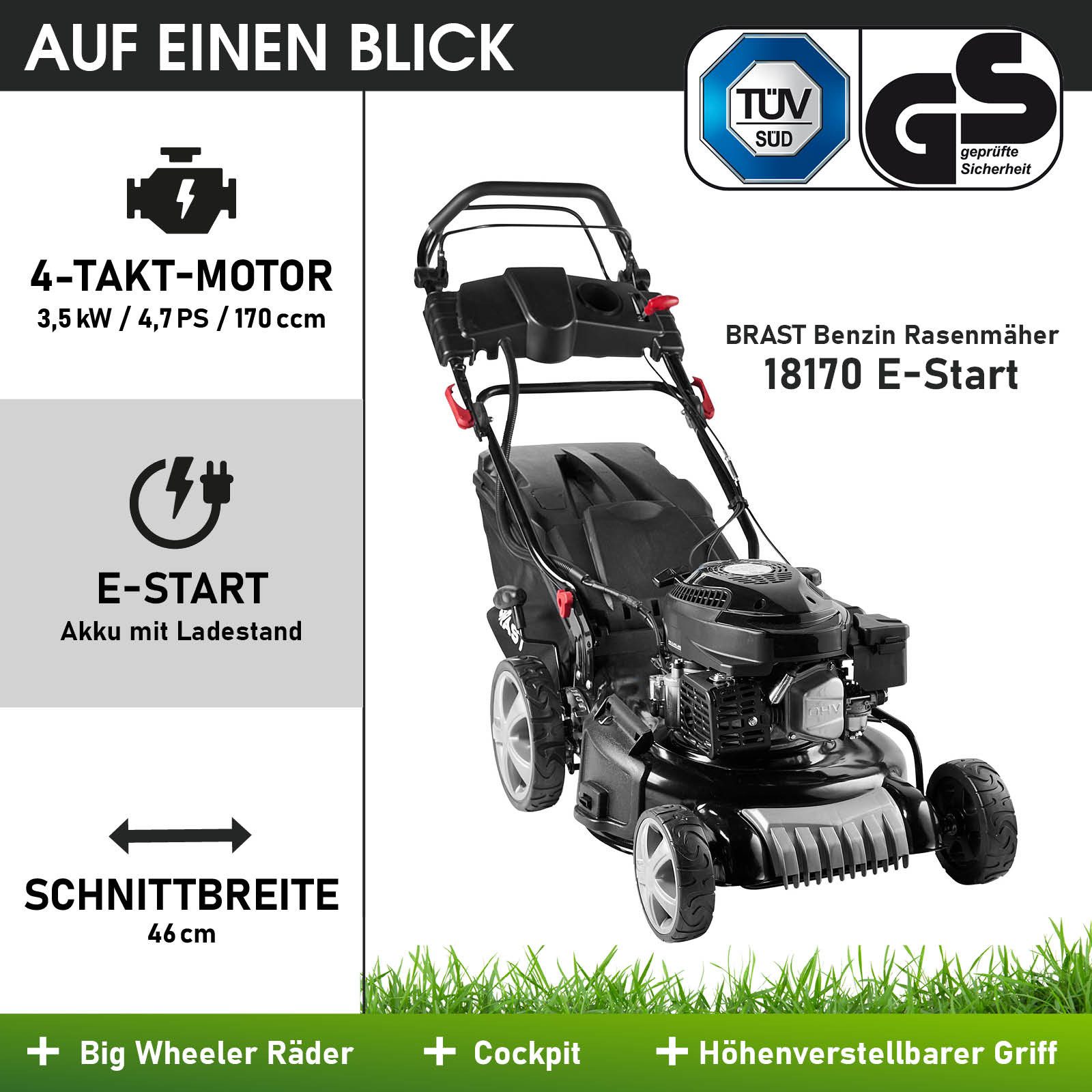 BRAST petrol lawnmower with drive, 3.5kW (4.76hp), electric start, 4-stroke OHV engine, 46 cm cutting width, 30-80mm cutting height, 60L grass catcher, steel housing, TÜV certified