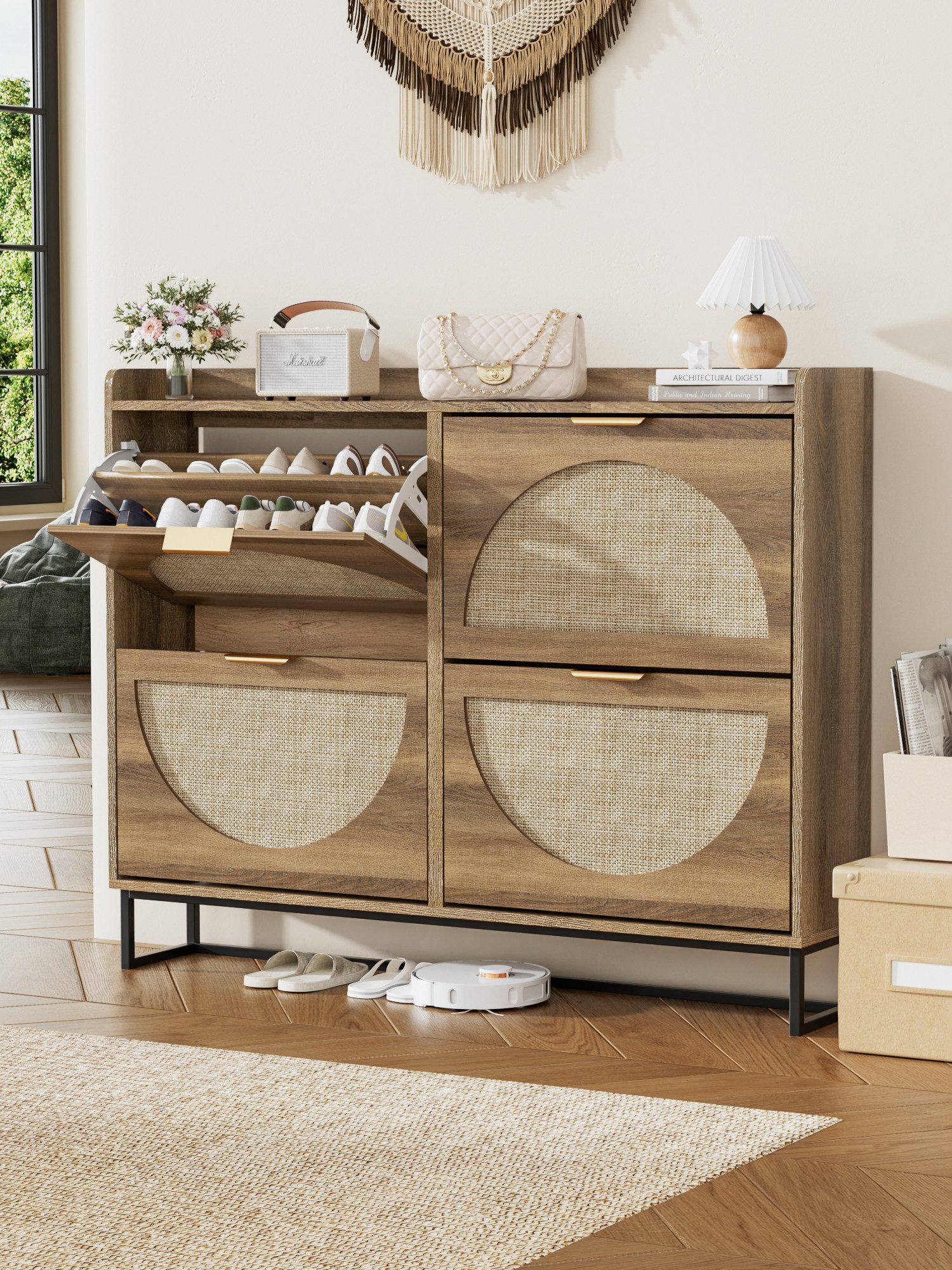 FiveWillowise Schuhschrank mit 4 Klappen, Rattan-Schuhkommode, günstig online kaufen