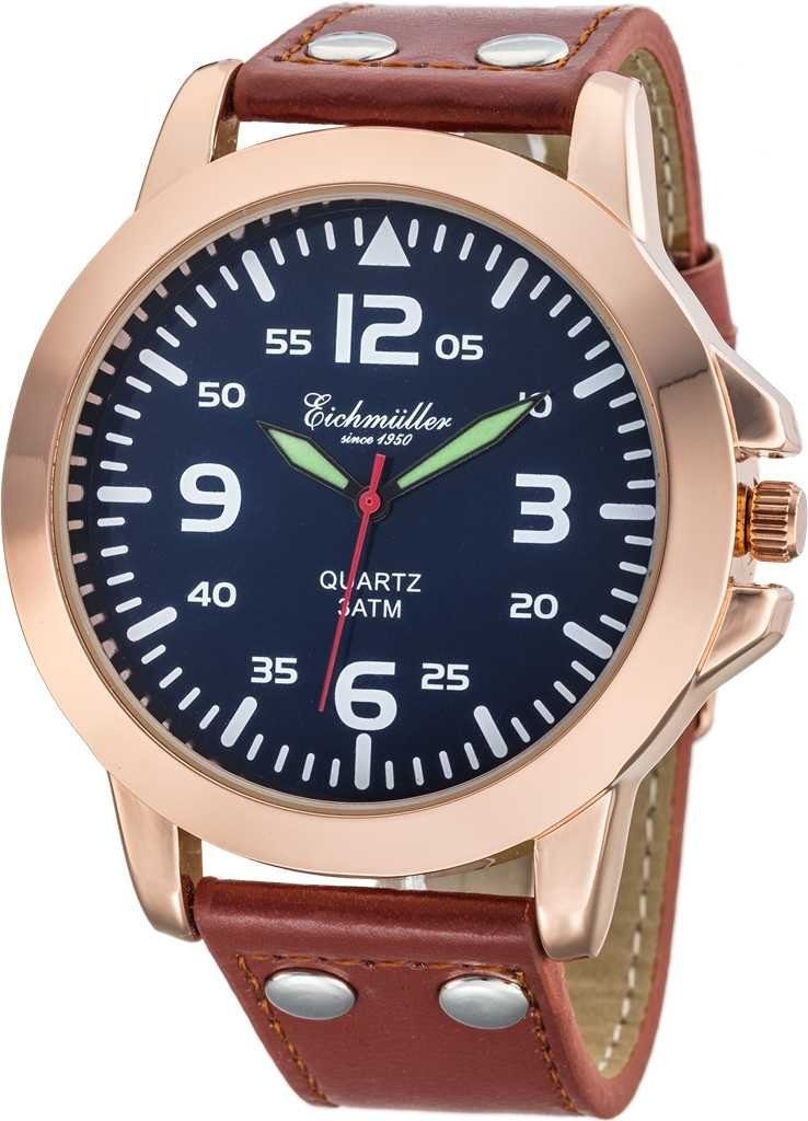 Eichmüller Quarzuhr Herrenuhr mit blauem Zifferblatt & braunem Lederarmband günstig online kaufen