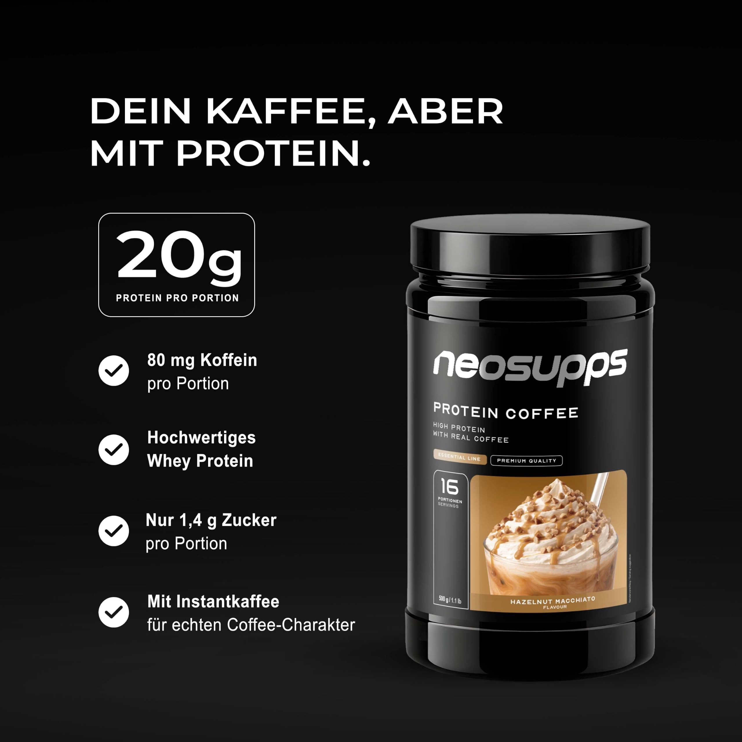 Neosupps Protein Iced Coffee Hazelnut Macchiato 500g, Eiweißkaffee, 20g Protein Pulver, 500 g, 80mg Koffein pro Portion, Low Sugar Protein Drink mit Kaffee