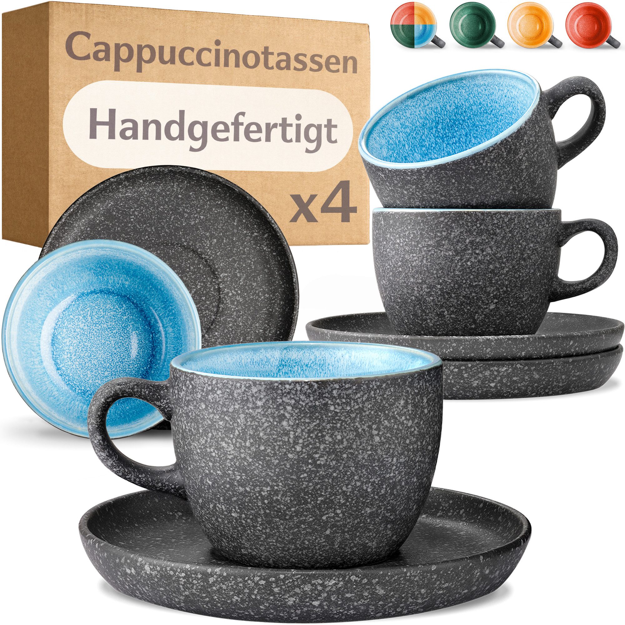 Cosumy Cappuccinotasse Cappuccino Tassen mit Untertassen 4er Set blau, 8-tlg., Keramik, Warm