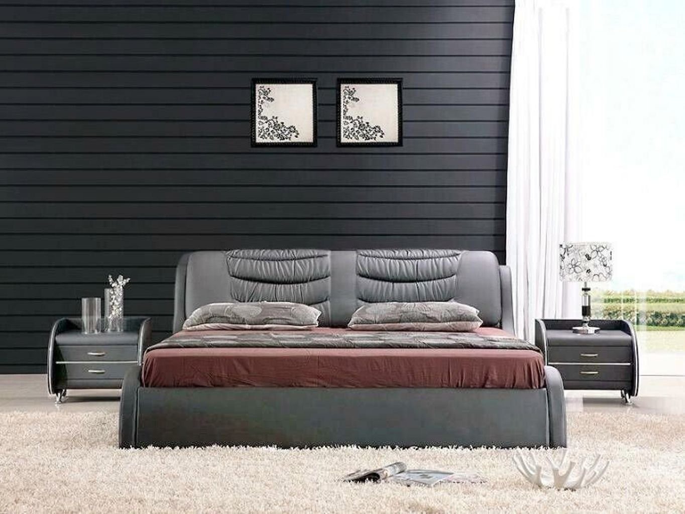 JVmoebel Bett Designer (1-tlg., Betten Europa Bett), Bett Polster SOFORT in Made Schlafzimmer Grau Luxus Kunstleder