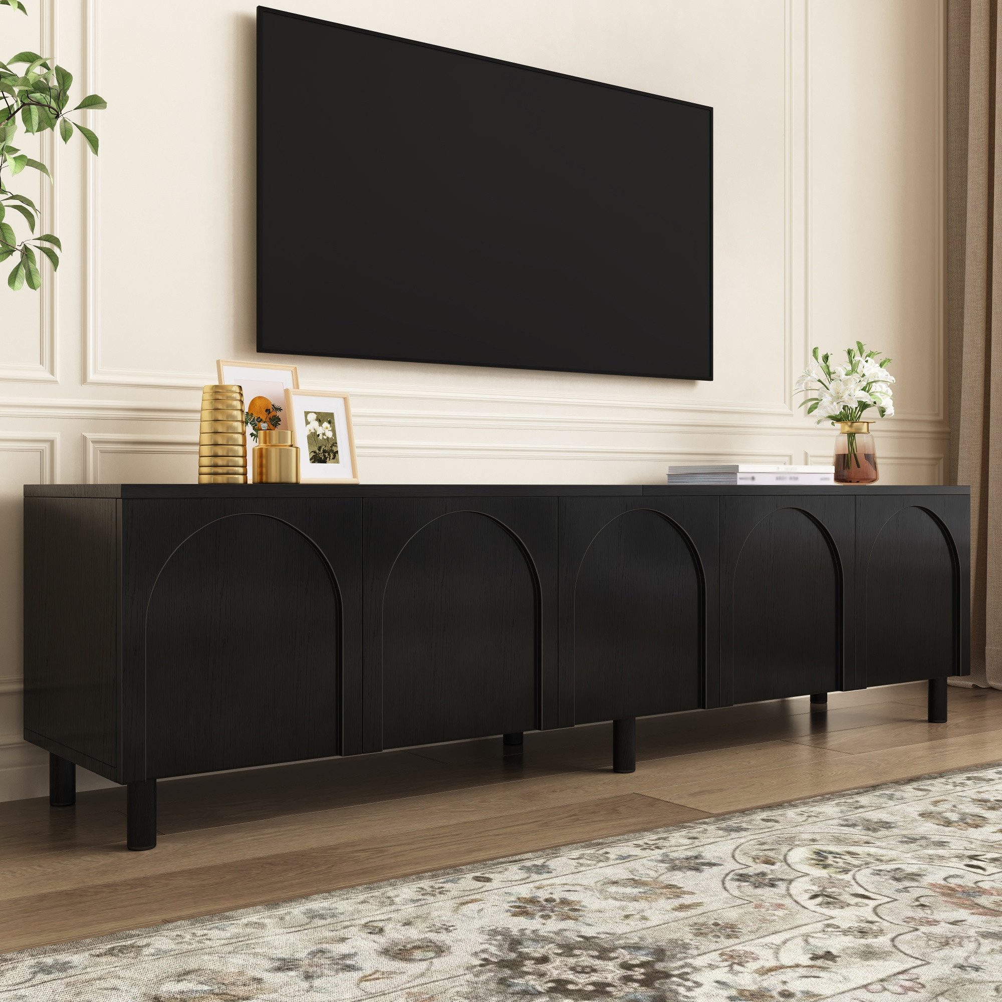 Merax Lowboard Fernsehtisch mit geschwungenem Design (180 x 38 x 45 cm (L x B x H), 1 St), TV-Schrank mit 5 Türen, Metallfüßen & Kabeldurchlass