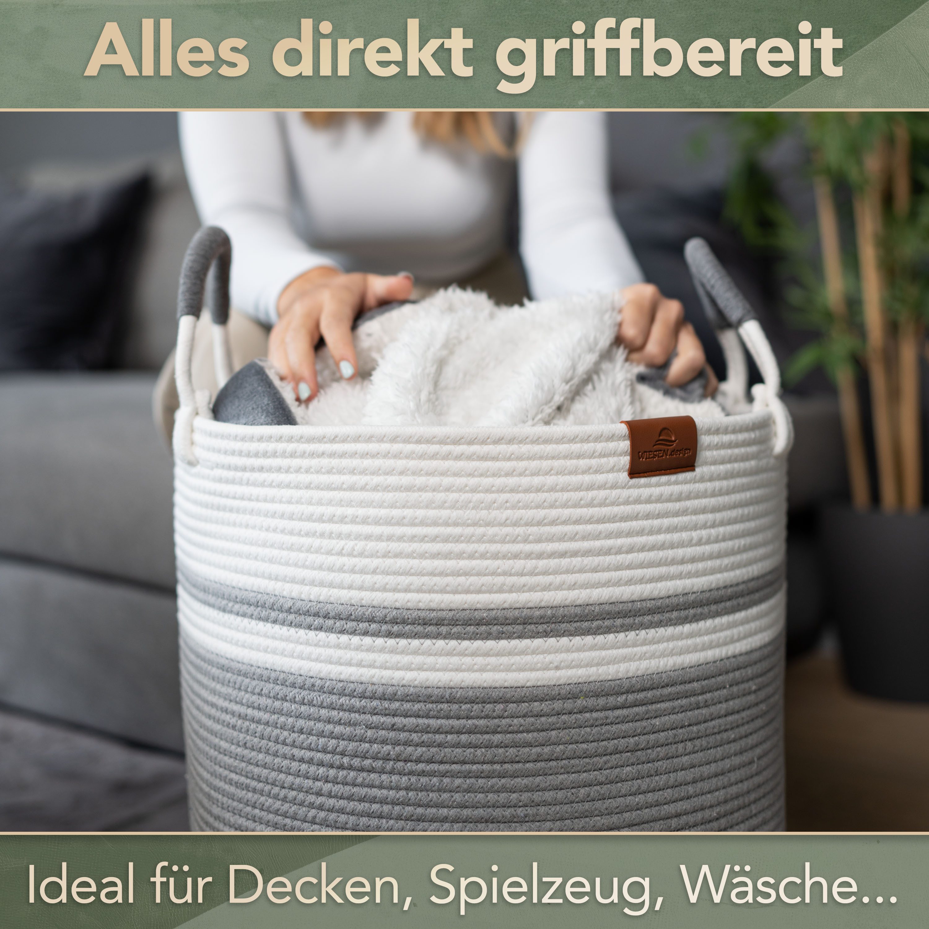 WIESEN.design Wäschekorb EMILIA Ø41xH46 cm 61L, Wäschekorb geflochten aus Baumwolle (faltbarer Wäschekorb, Wäschetonne, laundry basket, Wäschesammler, Aufbewahr – Bild 3 von 5