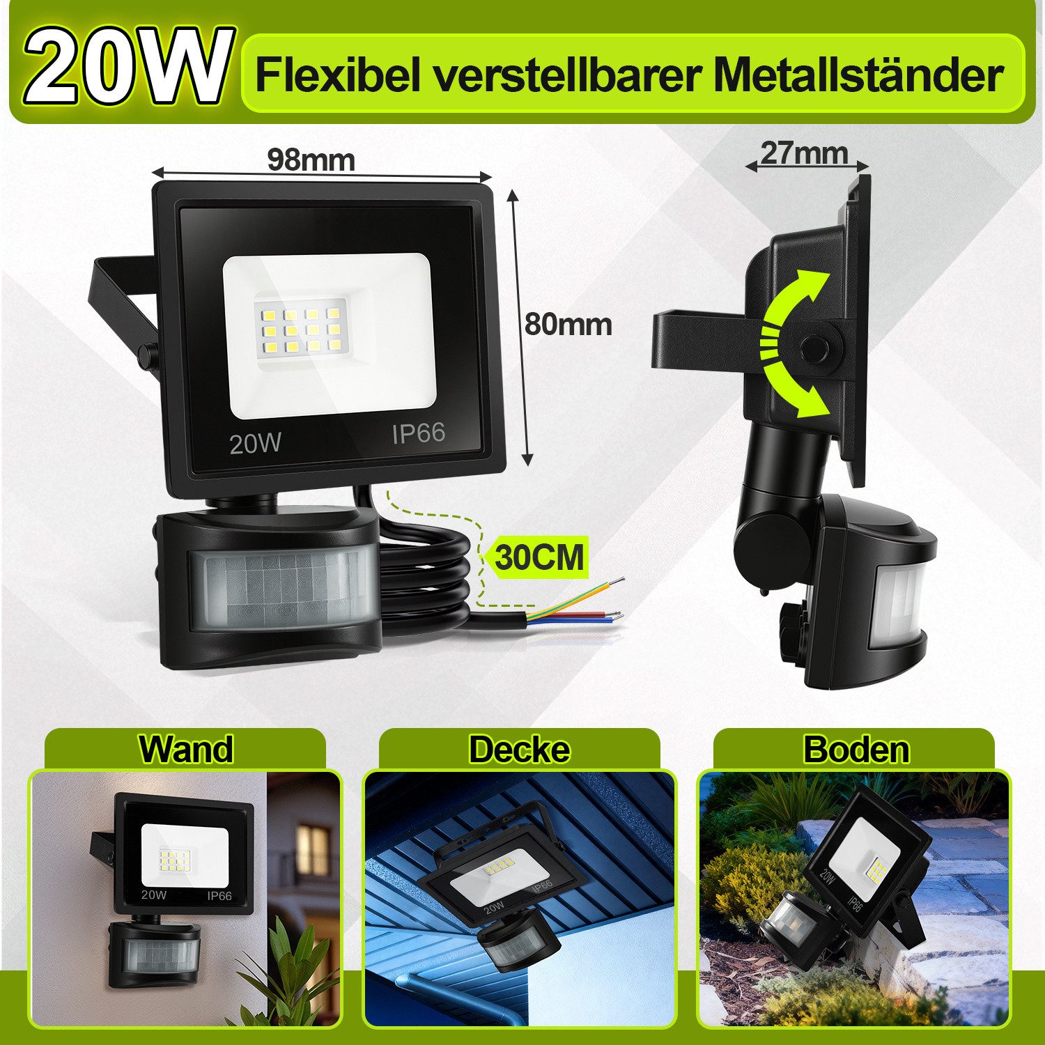 Clanmacy LED Flutlichtstrahler LED Fluter mit Bewegungsmelder 4X 20W Außenleuchte Kaltweiß Spotlight – Bild 2 von 5