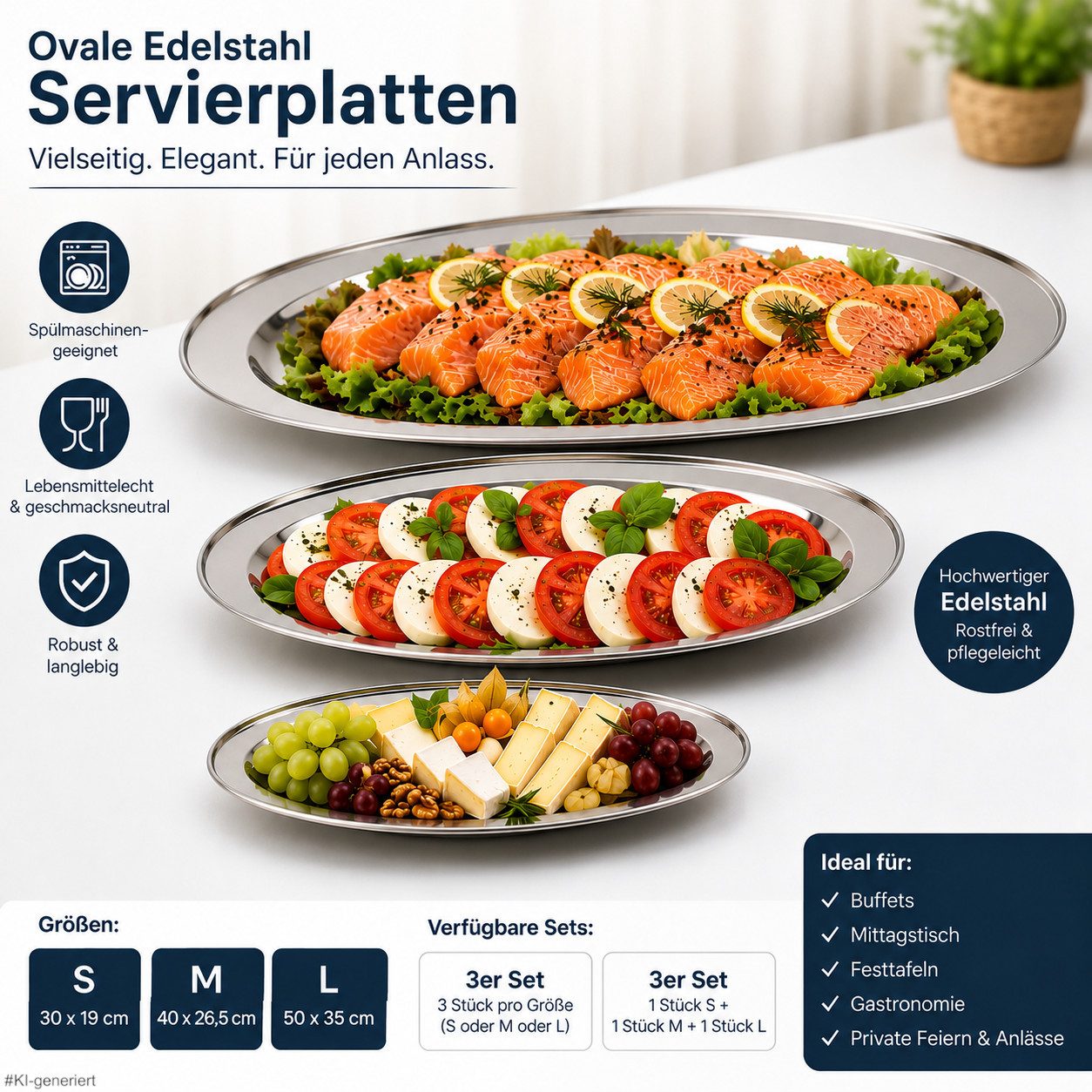 steinwohn Servierplatte 3er Set Rostfrei, lebensmittelecht & spülmaschinengeeignet, Größe: MIX, für Buffet, Gastronomie & Zuhause