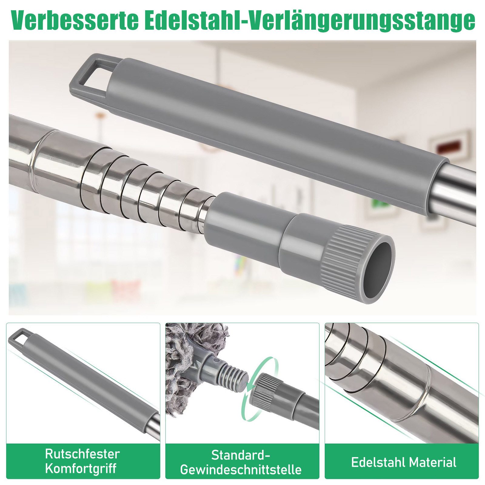 HUGERSTONE Staubwedel Staubwischer Mikrofaser mit Teleskopstiel, Ausziehbar bis zu 254 cm (1-St, Waschbar Staubwedel), für Reinigung hoher Decken, Deckenventilatoren und Spinnweben in Ecken