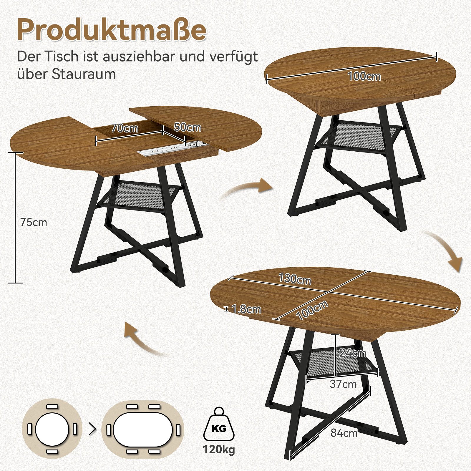 Puluomis Esstisch 100-130cm ausziehbar mit versteckte Fächer, offene Regale, 120kg Tragkraft, für Wohnzimmer, Esszimmer – Bild 3 von 5