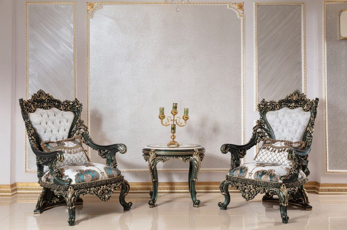 Hotel Grün elegantem Sessel Sessel & Barock Padrino & Gold Sessel Weiß Muster Wohnzimmer mit Luxus Möbel Barock - Edel / Prunkvoll - Mehrfarbig - Prunkvoller Wohnzimmer / Casa /