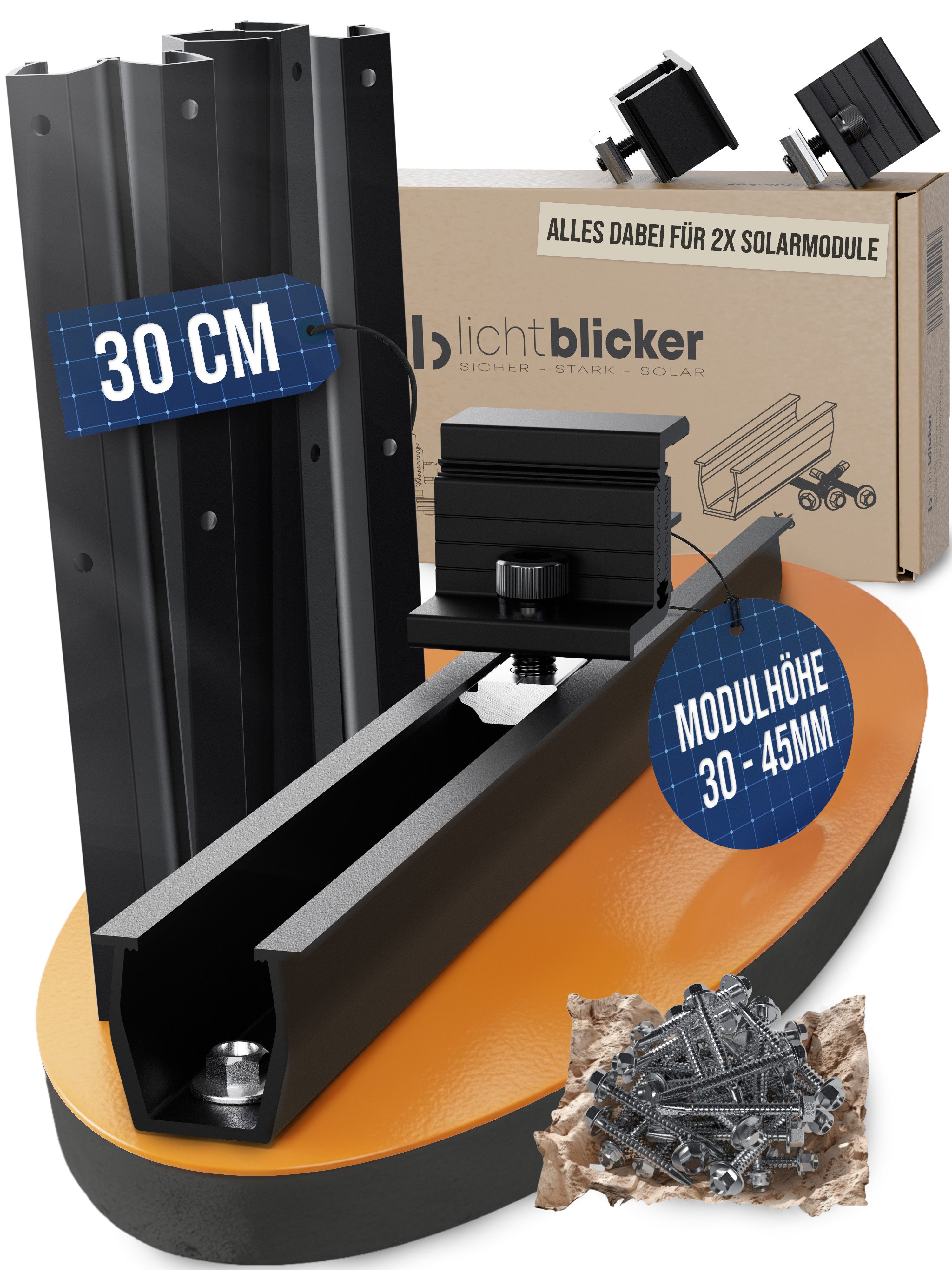 Lichtblicker Solarmodul-Halterung Schienen 30cm für 2x Photvoltaikmodule. Für Wand und Flachdach, (bis 90 Zoll, witterungsbeständiges Aluminium, hochwertige Edelstahlschrauben)