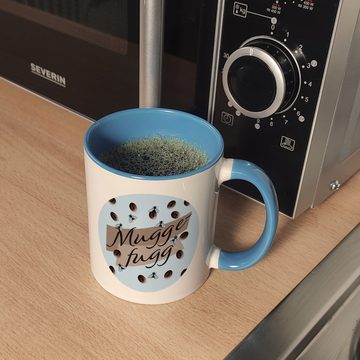 speecheese Tasse Muggefugg Malzkaffee Kaffeebecher in hellblau mit Kaffeebohnen und
