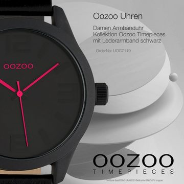 OOZOO Quarzuhr Oozoo Damen Armbanduhr schwarz, Damenuhr rund, groß (ca. 45mm) Lederarmband, Fashion-Style
