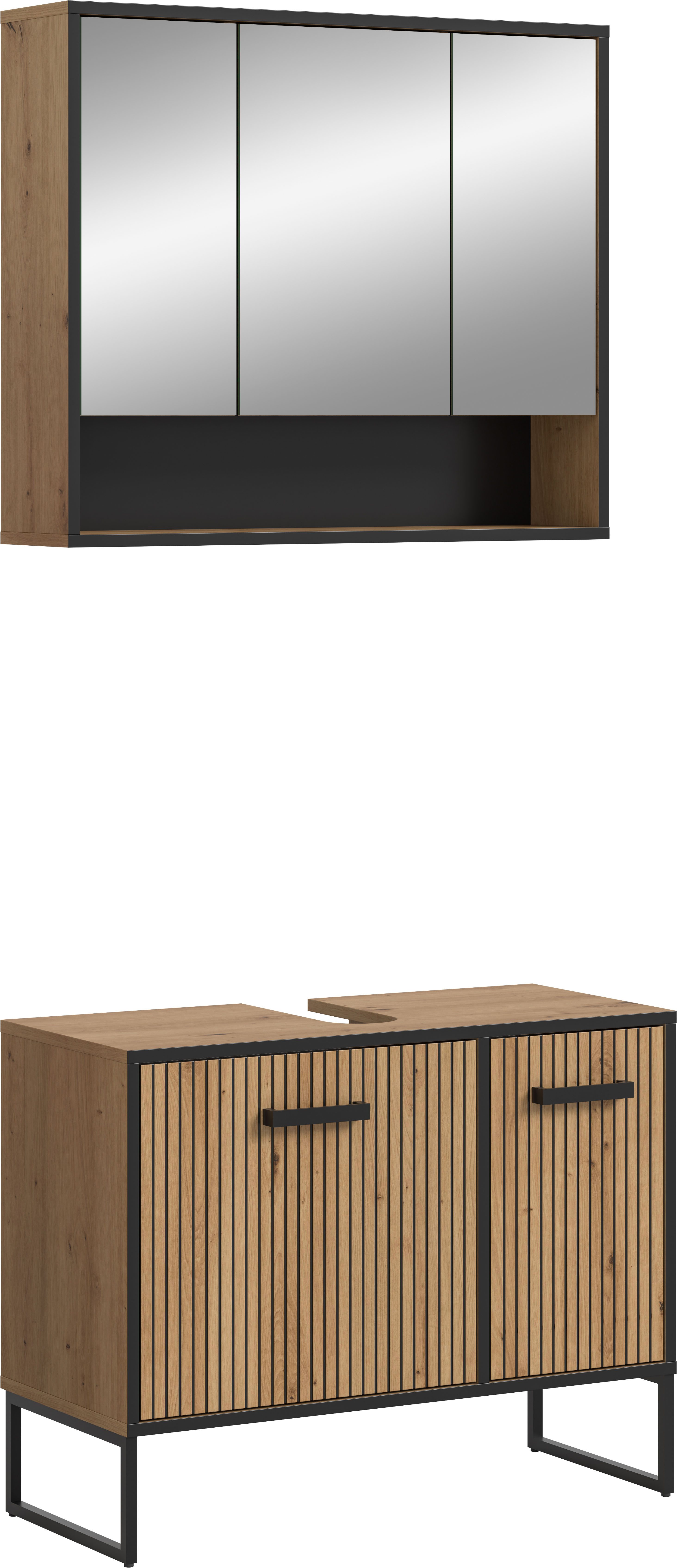 welltime Badezimmer-Set LOCRI, 2-tlg. Badkombination, Breite 80 cm, Rillenoptik, Metallkufen, (2-St., bestehend aus: Waschbeckeunterschrank & Spiegelschrank), Bad-Kombination, Bad-Möbel, Badezimmer, Kombination, Kombi