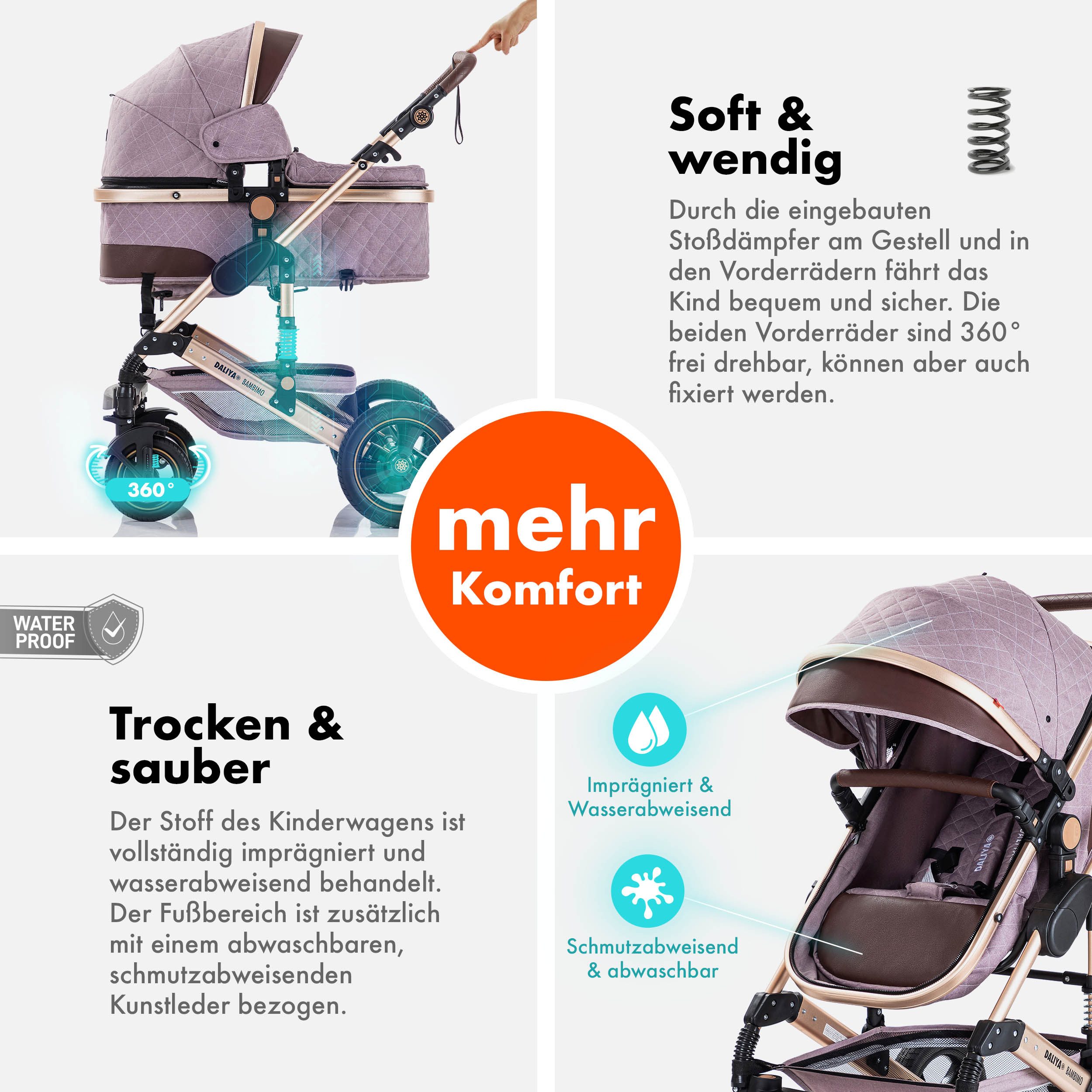 Daliya® Kombi-Kinderwagen BAMBIMO 3in1 Kinderwagen & Buggy mit Auto-Babyschale und Adapter, (XXL-Set inkl. Wickeltasche und Spieltisch, 15-tlg), Babyschale, Air – Bild 4 von 5