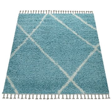 Hochflor-Teppich Teppich Türkis Wohnzimmer Hochflor Skandi Rauten, TT Home, Läufer, Höhe: 44 mm