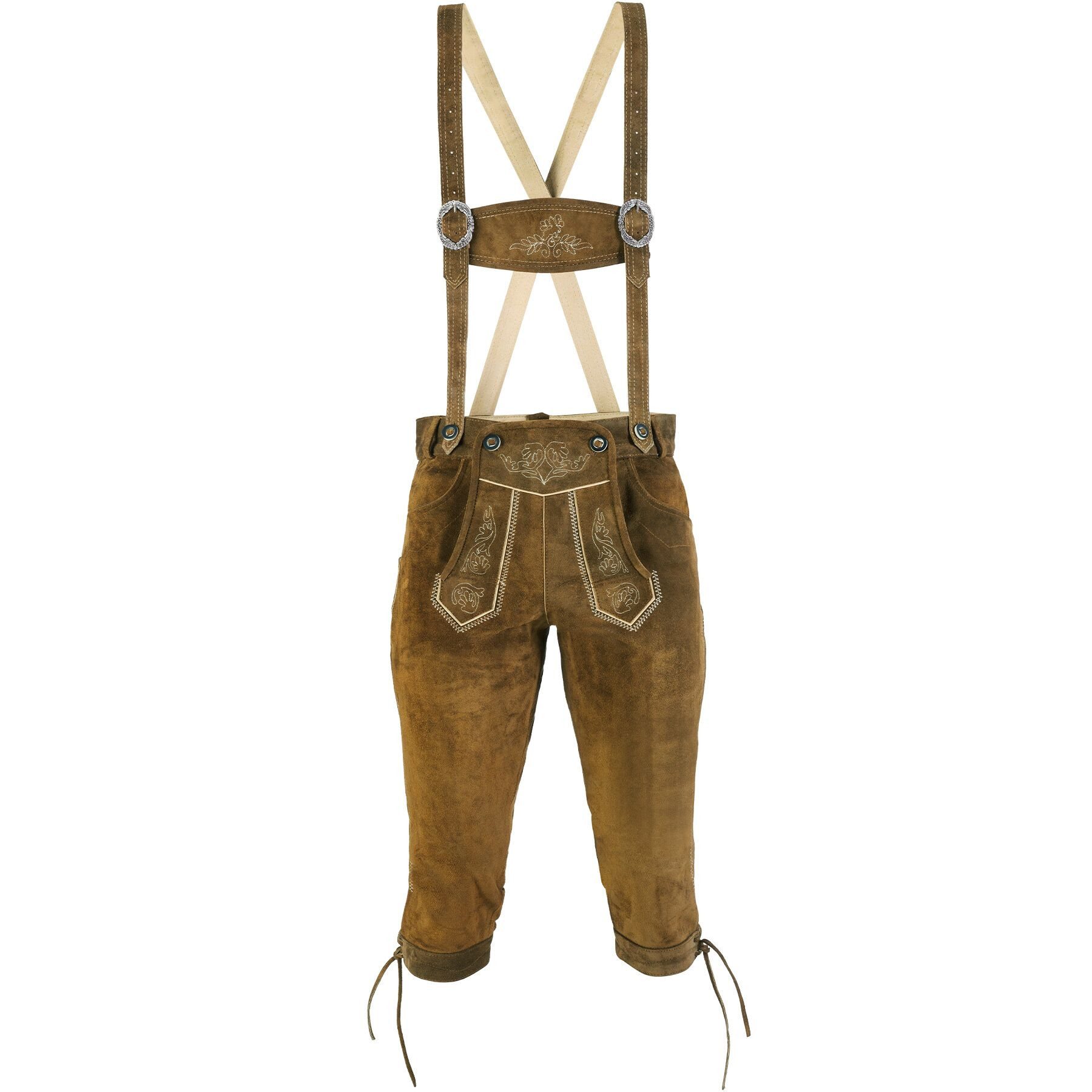 dressforfun Trachtenhose Edle Lange Lederhose aus Rind mit traditionellen Stickereien (Herrenhose Jakob, für Volksfeste in Olivebraun) Robust und langlebig, Inkl. verstellbaren Hosenträgern und Gürtel