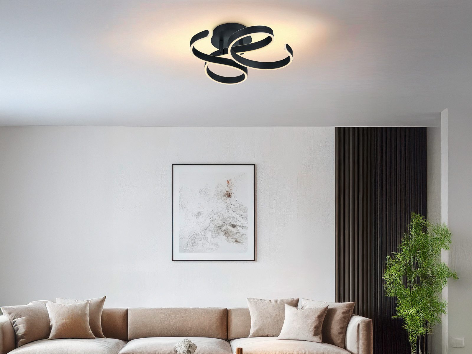 TRIO Leuchten LED Deckenleuchte, Dimmfunktion, LED fest integriert, stufenweise dimmbar über Schalter, Warmweiß, Große ausgefallene Wohnraum-Leuchte, geschwungen aus Metall, B:54cm