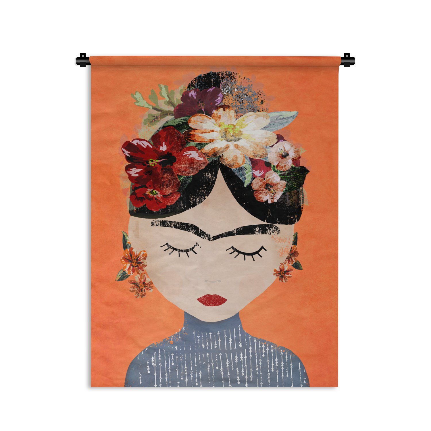 - - - Porträt Frida MuchoWow der Orange Tapisserie, Wanddekoobjekt für an - Kahlo Deko Frau Blumen, Wohnzimmer, Wand, Schlafzimmer