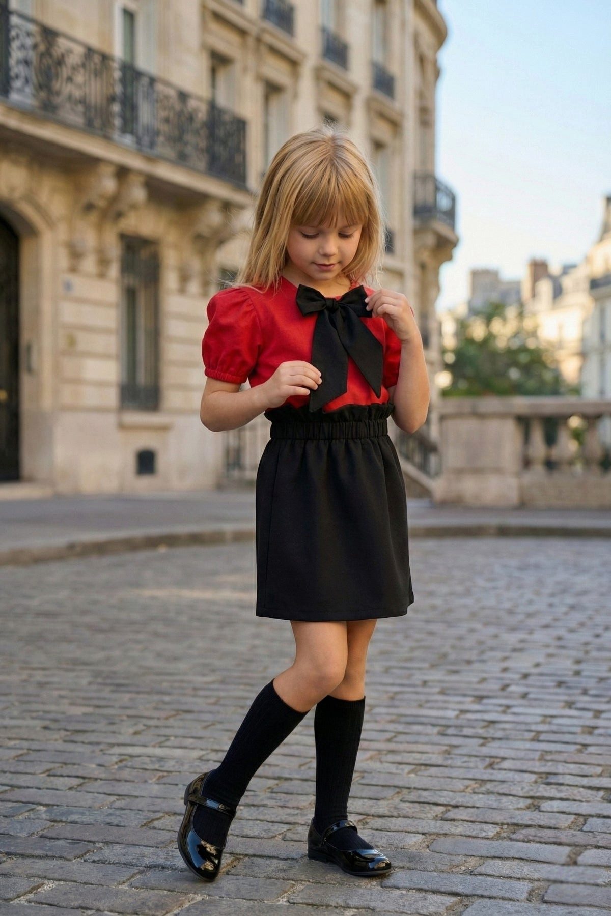Parla Kids Shirt & Rock Schwarzer Rock mit Raffung und rote Bluse mit schwarzer Schleife – Bild 2 von 5