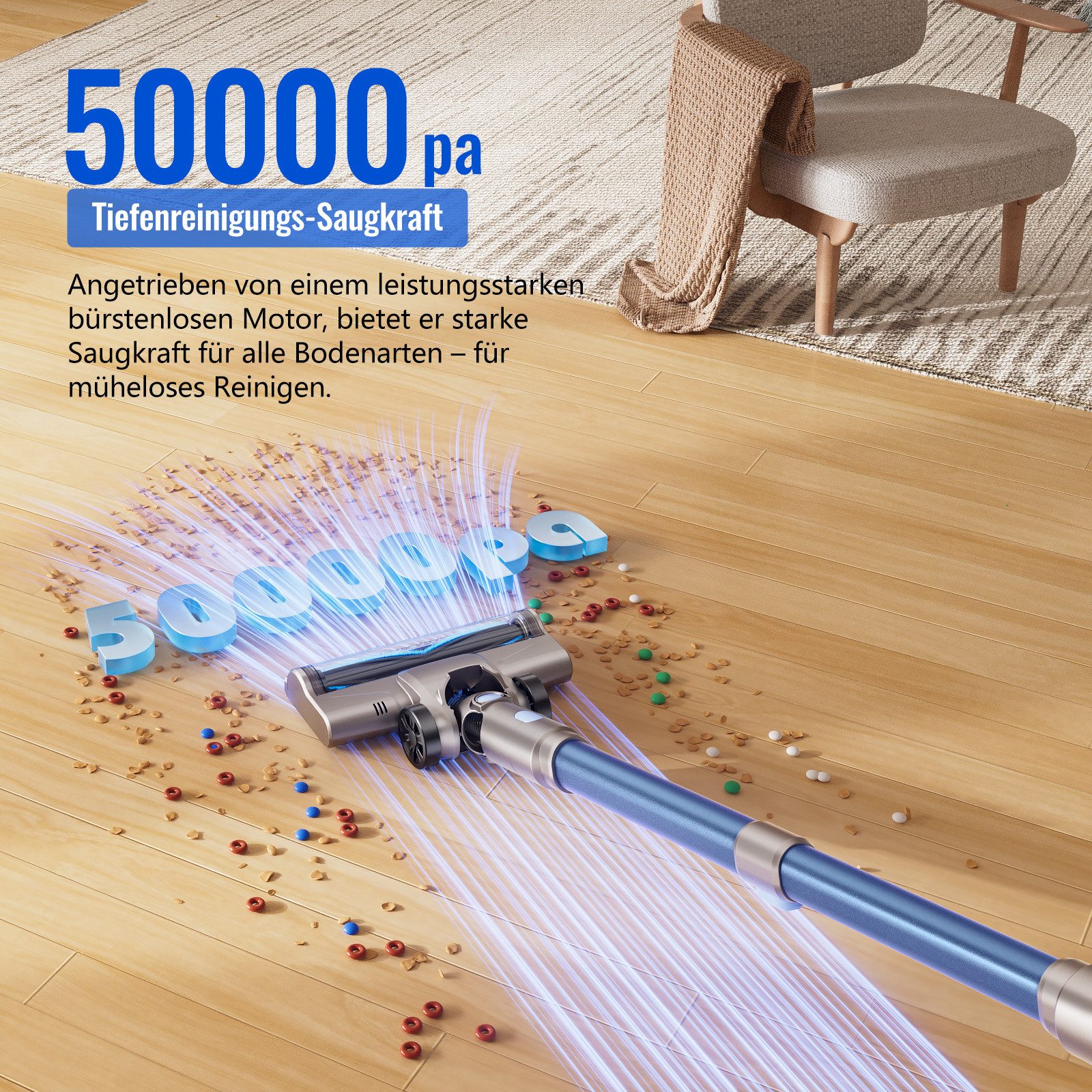 Teendow Akku-Hand-und Stielstaubsauger V10 PRO 50kPA Akku Staubsauger, Akkustaubsauger, 60 min Laufzeit, LED, 300 W, mit Beutel, Geräuscharm, Hand- und Bodenstaubsauger, Starke Saugkraft, Kabellos