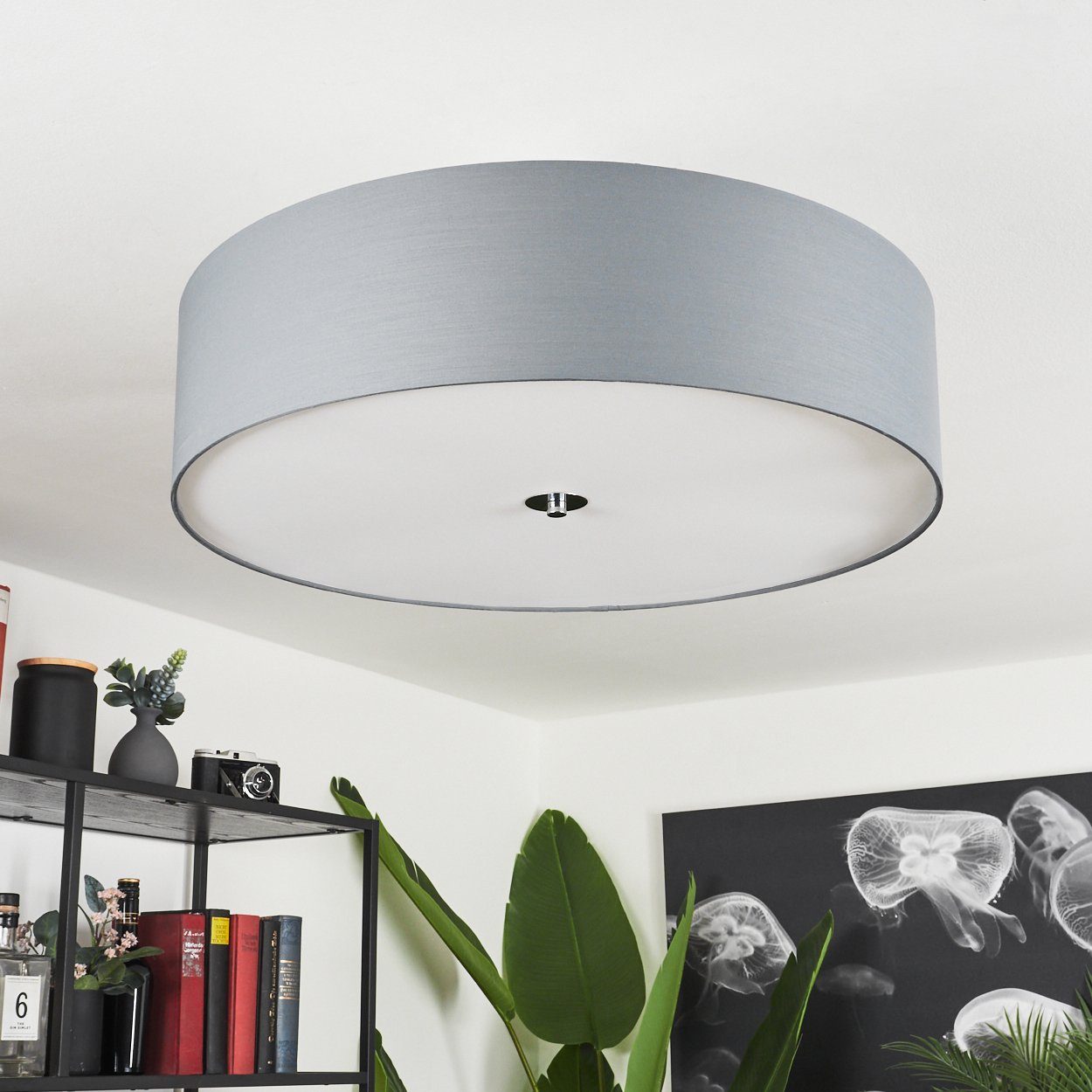 aus skandinavischen ohne Leuchte Metall/Stoff in hofstein im Schirm Chrofmarben/Grau/Weiß, Deckenlampe aus 3xE27 Design Deckenleuchte moderne »Mels« (60cm), Leuchtmittel, mit Stoff