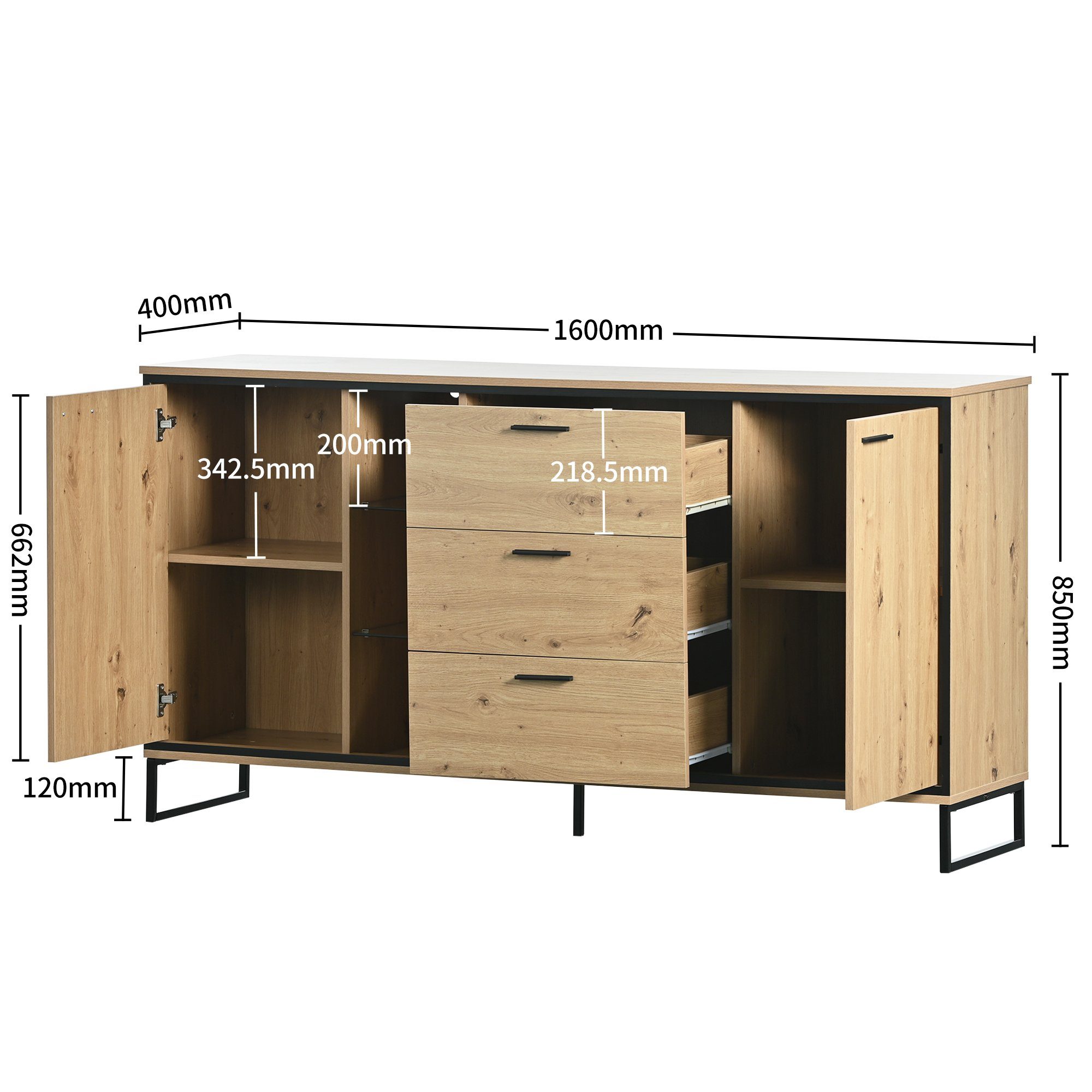 KLAM HOME Sideboard praktische 85cm 40 mit Kommode und zwei (für drei Türen holz aus Wohnzimmer x 160 Schubladen x Esszimmer)