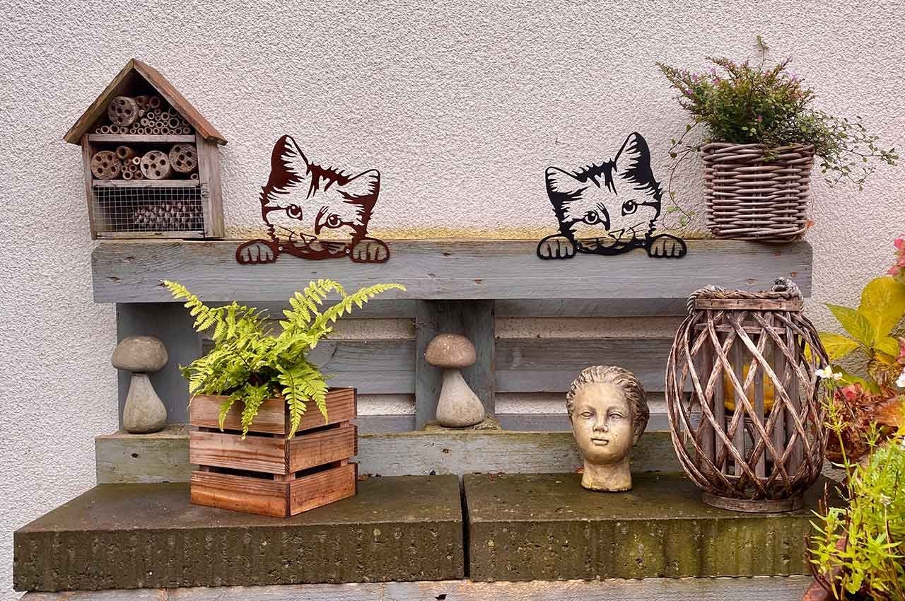ILLUMINO Dekofigur Metall Gartenstecker Zaun/Wanddeko pulverbeschichtet Katze schwarz