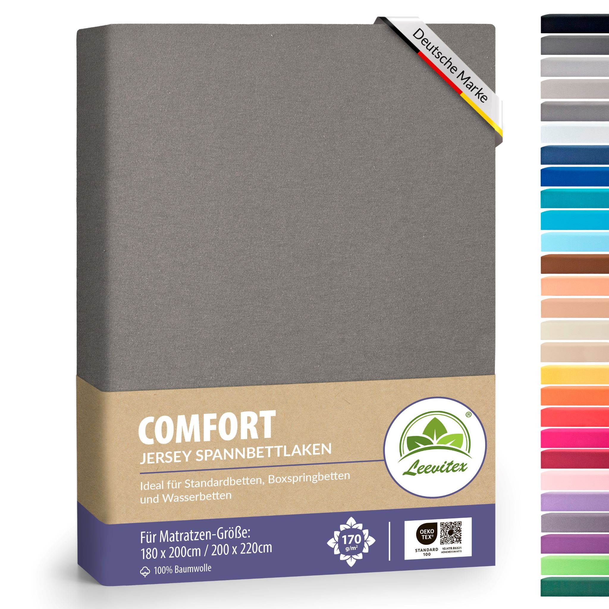 leevitex® Spannbettlaken 180x200 cm - 200x220 cm, Stoffgewicht 170 g/m², 40 cm Steghöhe, Jersey, Gummizug: rundum, (1 Stück), verschiedene Farben, OEKO-TEX® STANDARD 100 zertifiziert