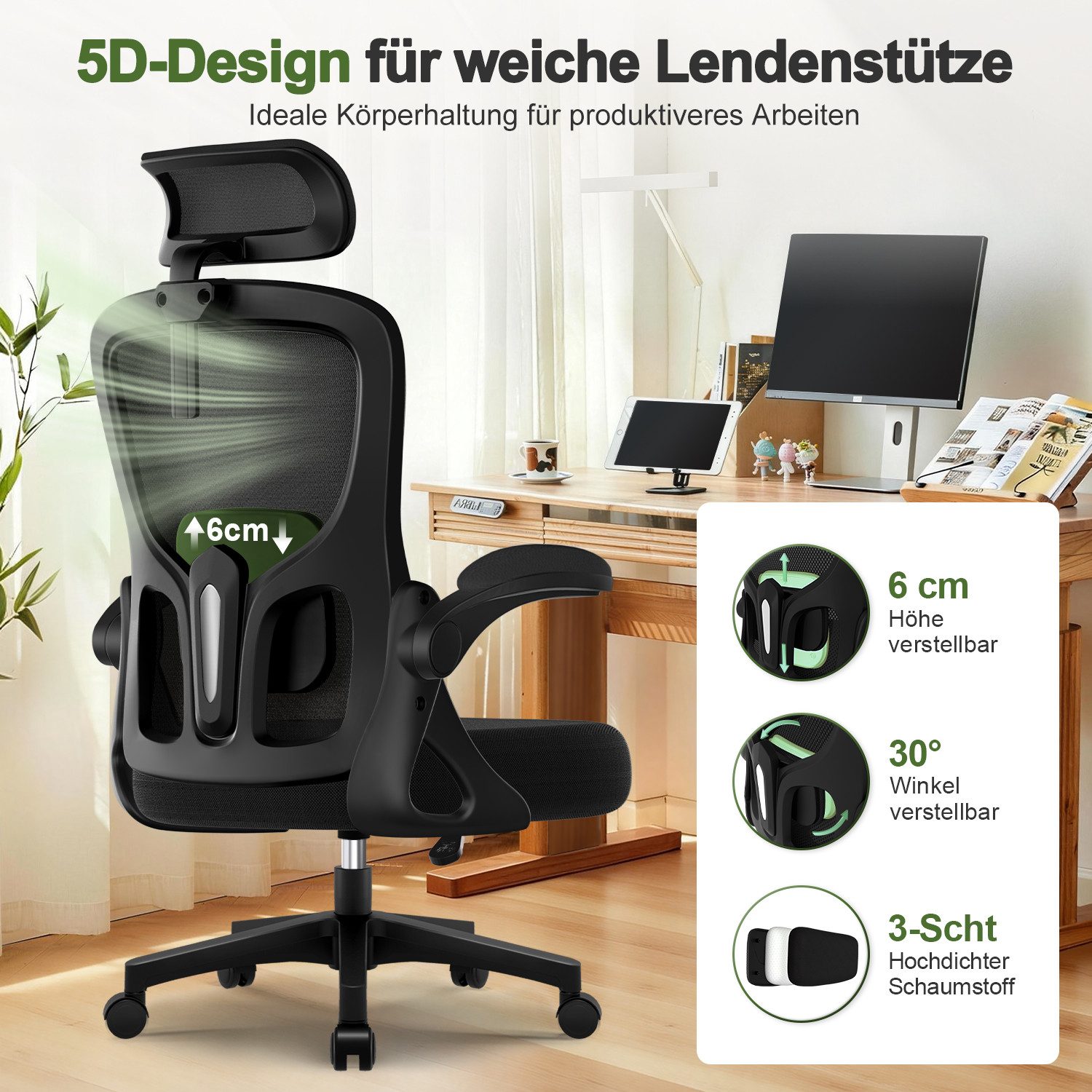 Hiazurm Bürostuhl Bürostuhl, Schreibtischstuhl mit 5D-Lendenwirbelstütze und Kopfstütze (Drehstuhl, Chefsessel Wippfunktion 90°-135°,90° Klappbare Armlehnen,leise Rolle,Bis 155 kg belastbar), Atmungsaktiv, Verlängerte und Verbreiterte Rückenlehne