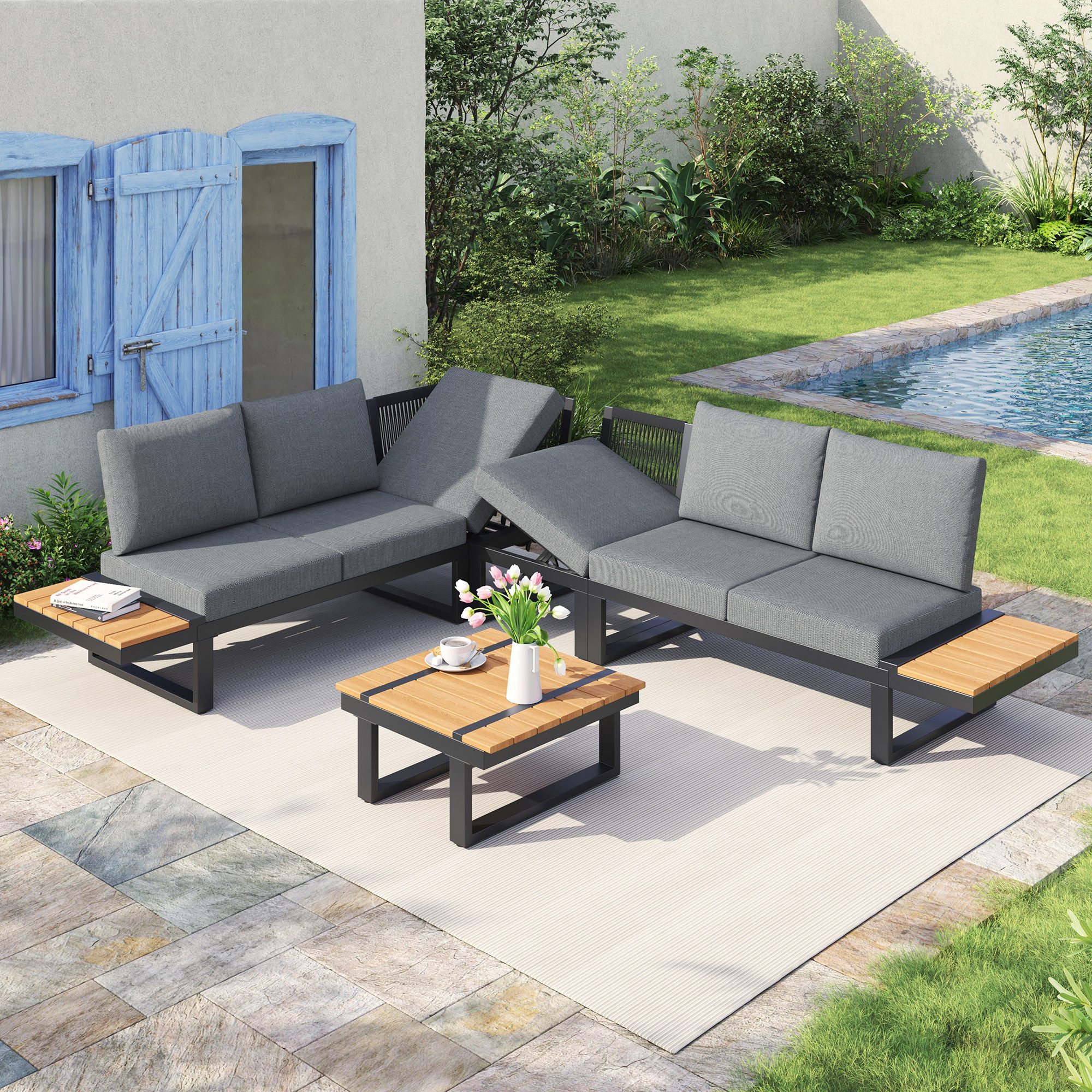 Flieks Gartenlounge-Set, 6-Sitzer Gartenmöbel mit 5-stufig-verstellbarer Neigungsfunktion