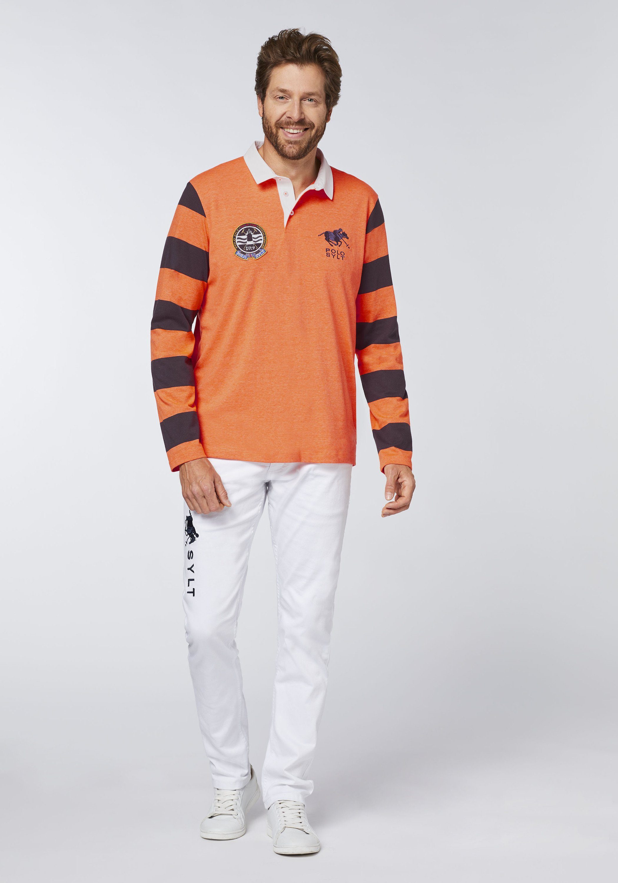 Poloshirt im mit Ärmeln Shocking Orange Sylt Polo 15-1360 Blockstreifendesign langen