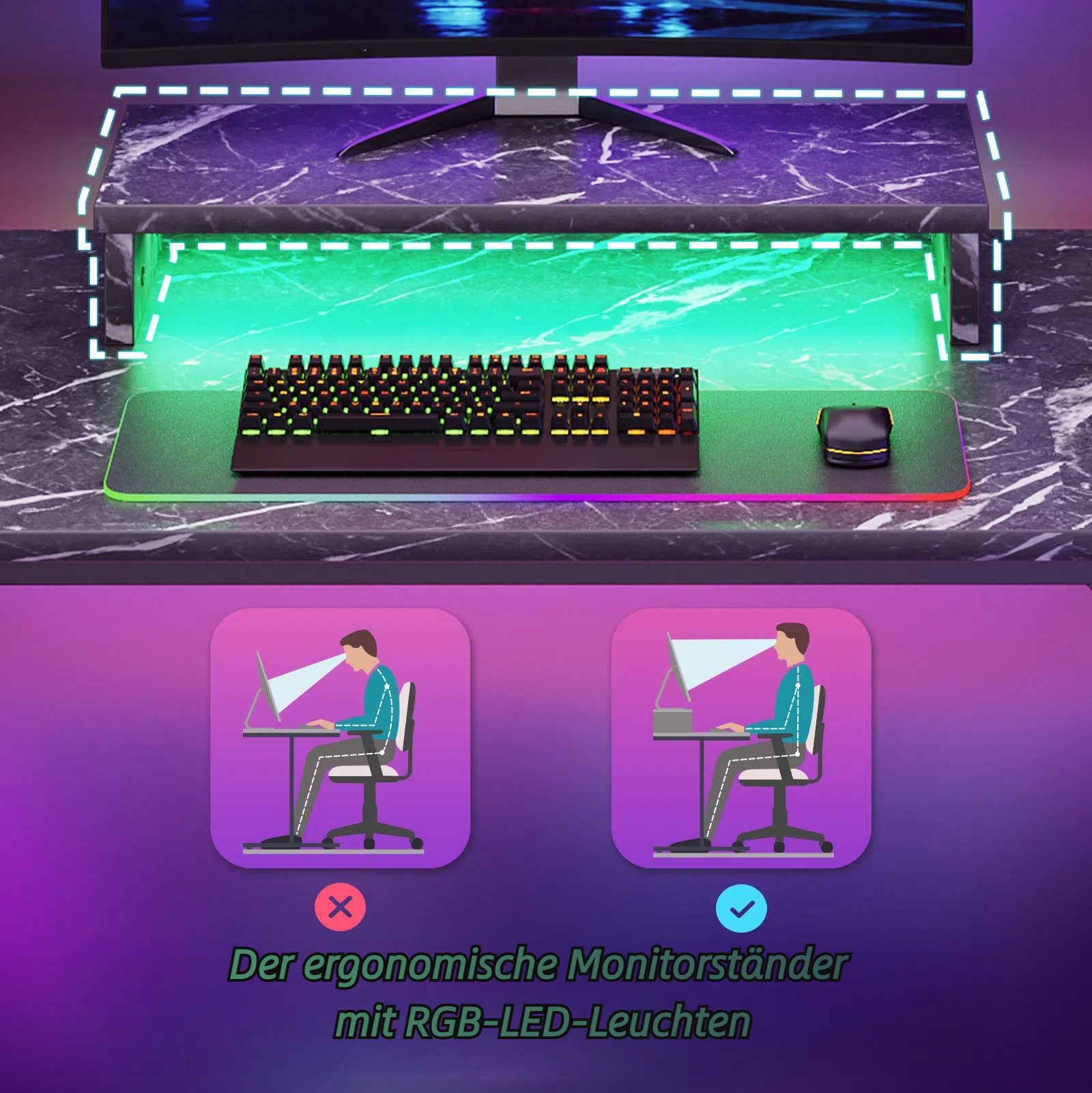Bestier Gamingtisch 106cm Gaming Schreibtisch mit RGB-LED, 106cm Jugendschreibtisch (Gamer Tisch mit Tablett Ständer, Getränkehalter und Kopfhörerhaken, Tablett mit stander), Ergonomischer Computertisch fur Spielzimmer