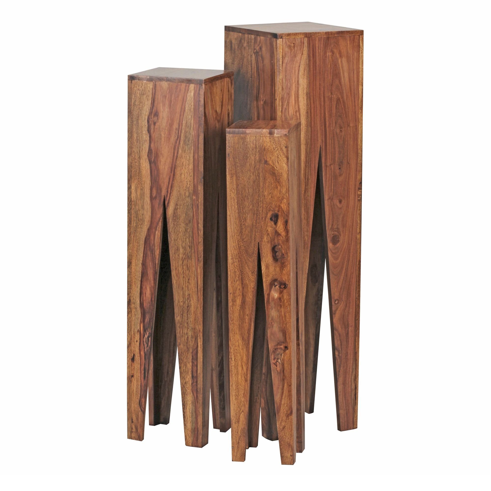 3er Beistelltisch Wohnling Set Massivholz Pflanzentisch Quadratisch Dekosäule Sheesham WL1.564 Modern), (Beistelltisch Blumentisch