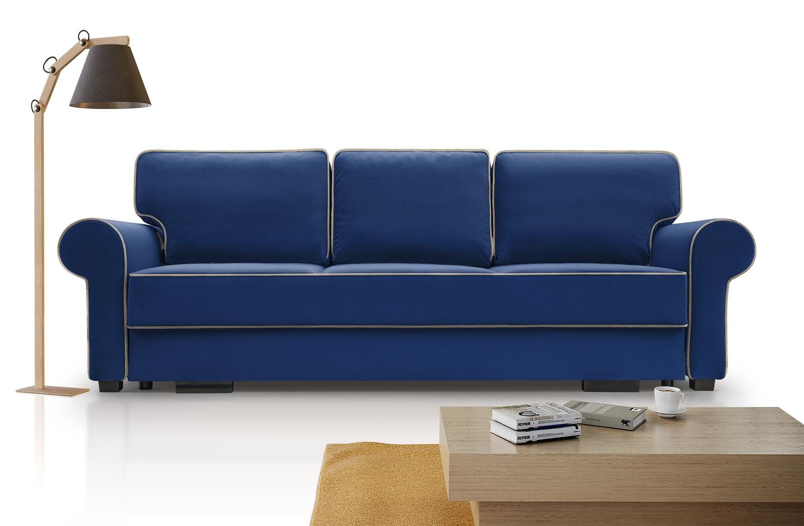 Beautysofa 3-Sitzer BELLO, in Retro-Stil, Bettkasten, Wellenfedern, für Wohnzimmer, Dreisitzer Sofa aus Veloursstoff, inklusive Schlaffunktion Blau (matt velvet 79 + 06)