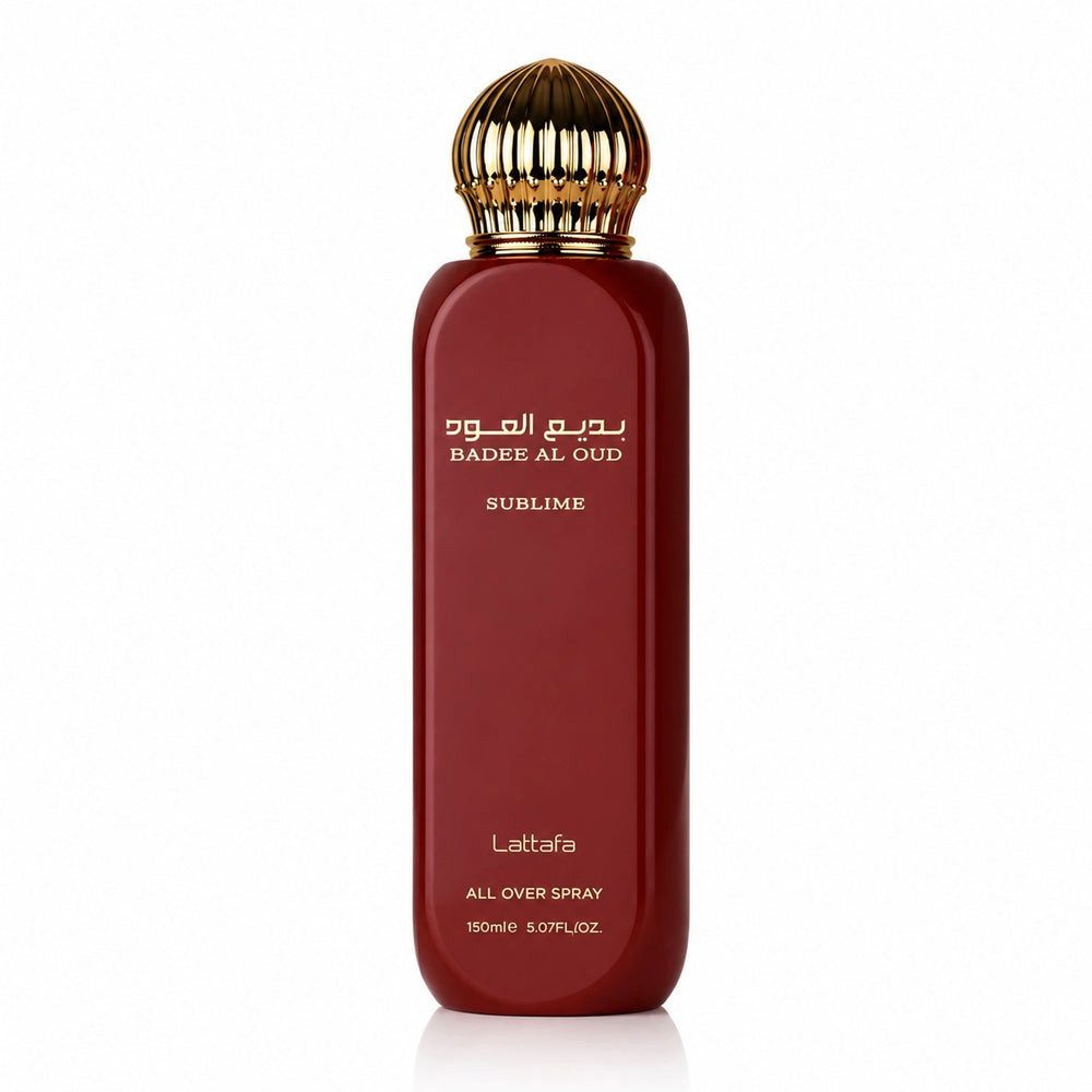 Lattafa Duft-Set Badee al Oud Sublime All Over Spray 150 ml + Parfümzerstäuber (leer)