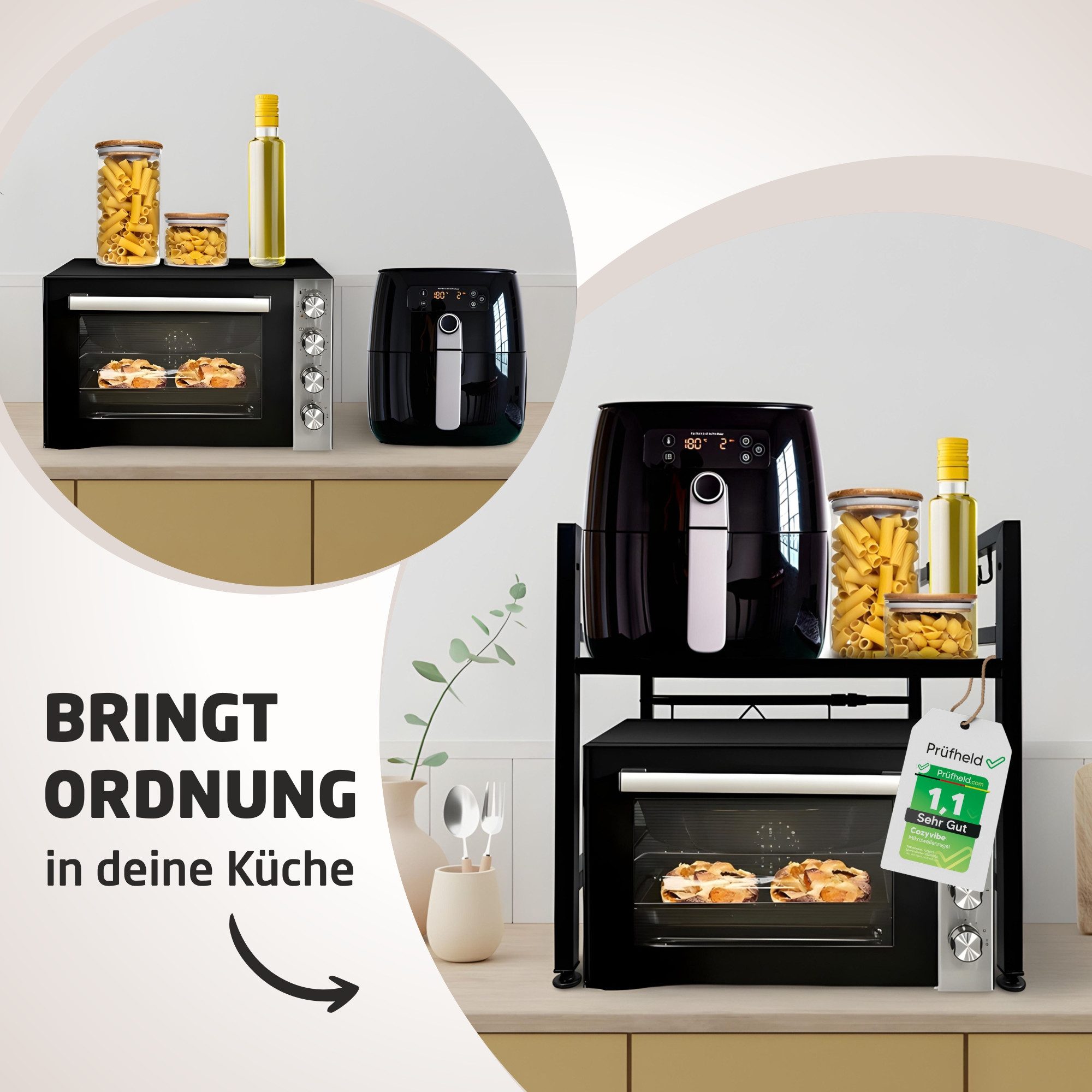 Cozyvibe Standregal [Test SEHR GUT] Mikrowellenregal für die Küche 2-Stufig, Erweiterbar, Höhenverstellbar Stabiles Küchenregal stehend, Küchenorganizer für Küchenregal Arbeitsplatte, Metallregal schwarz, Mikrowellenregal, Mikrowellenschrank