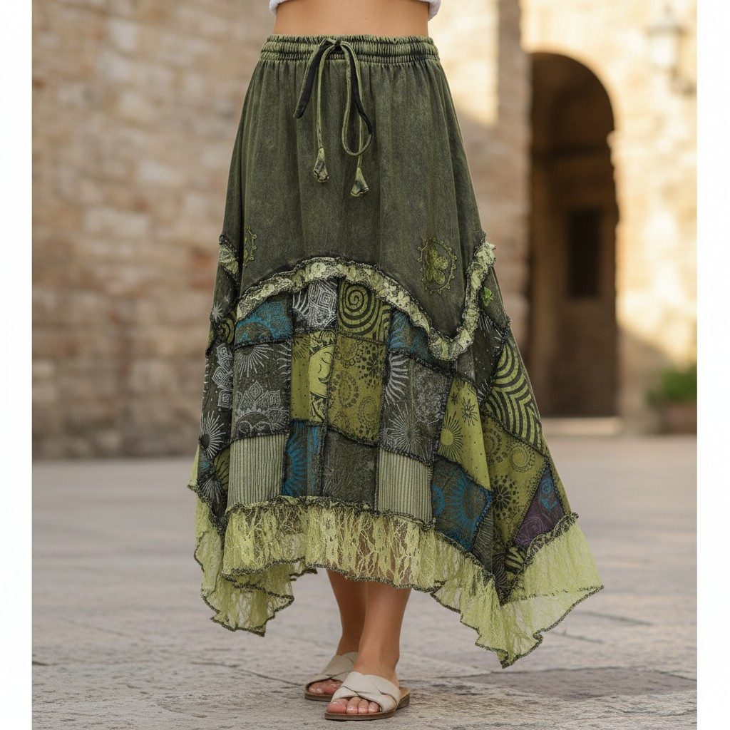 Guru-Shop Minirock Langer Boho stonewash Patchwork Zipfelrock.. alternative günstig online kaufen