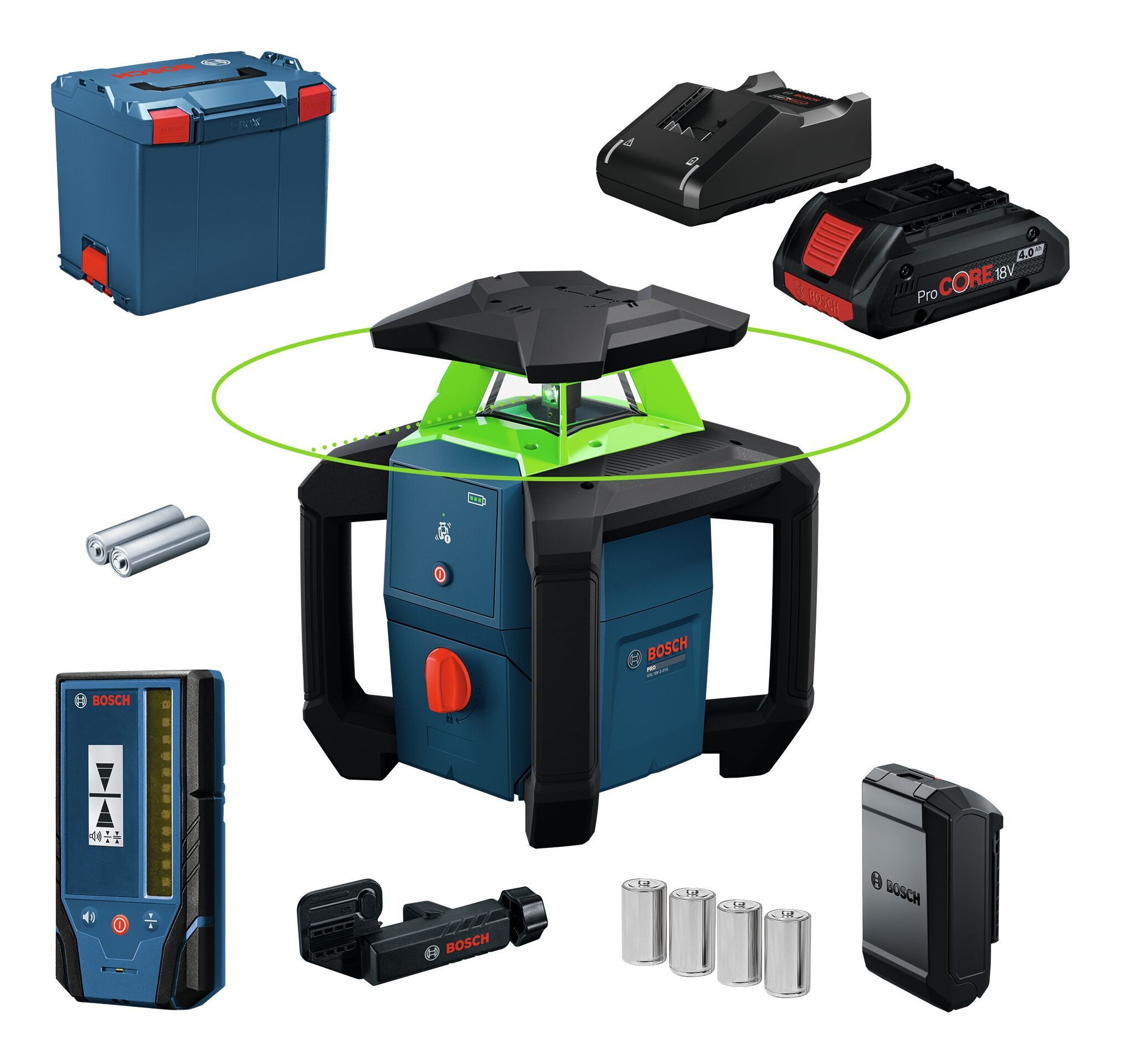 BOSCH Punkt- und Linienlaser GRL 18V-3-31G, Rotationslaser mit 1x Akku ProCORE 4 Ah - in L-BOXX 374