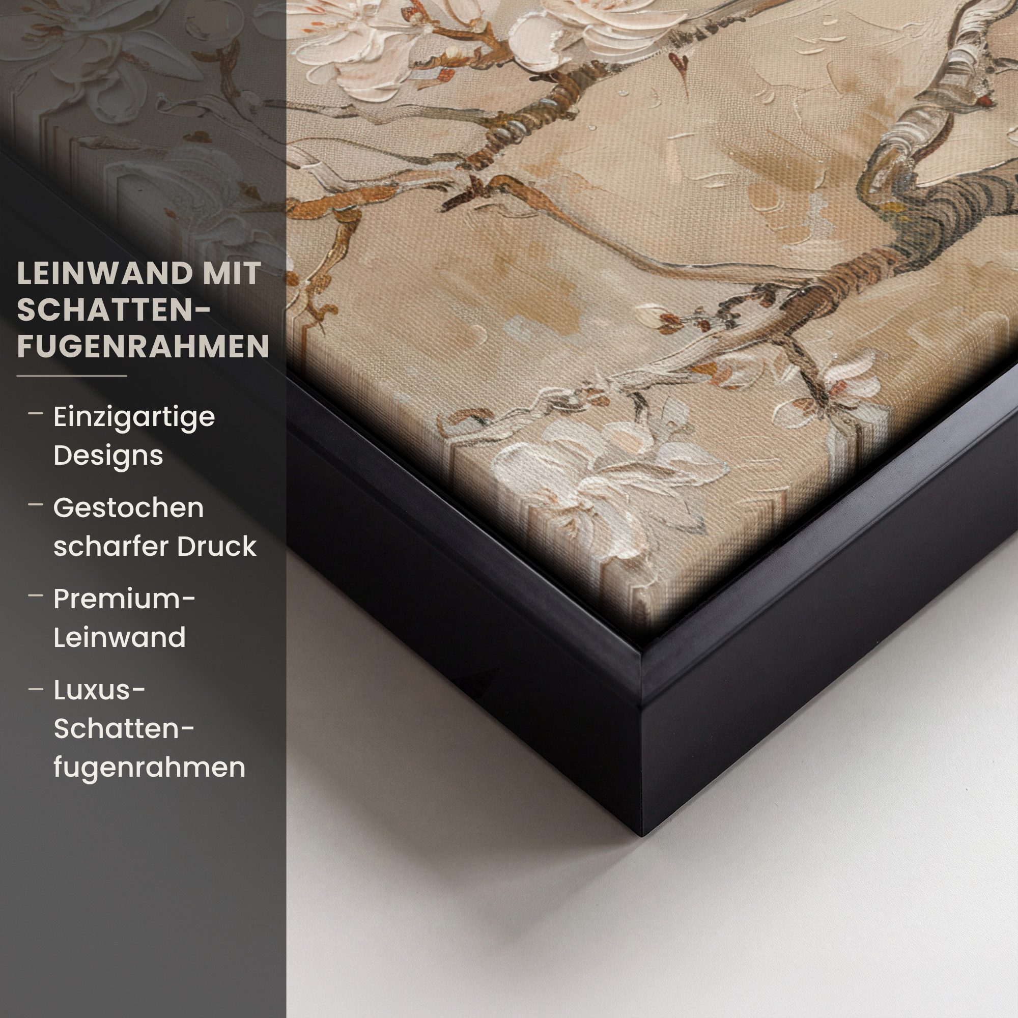 OneMillionCanvasses® Leinwandbild mit Rahmen - Blumen - Modern - Beige - Weiß - Blüte, Fotodruck (1 St), Leinwand Bilder Klein, Wand Dekoration Aesthetic 20x20cm