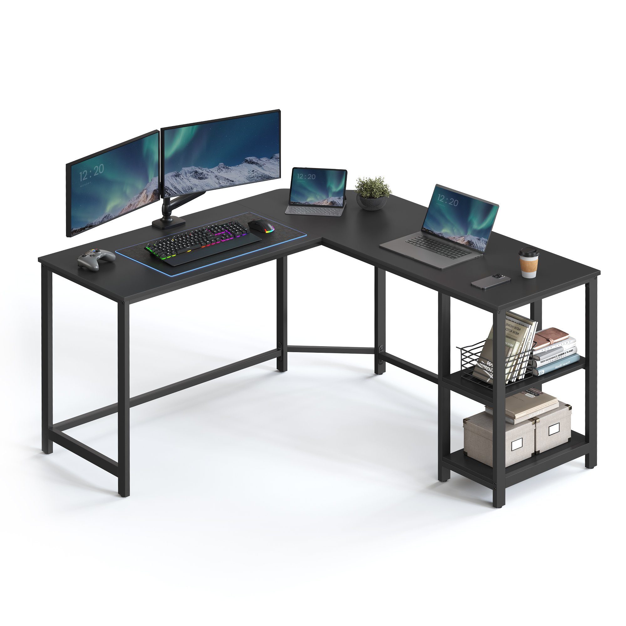 VASAGLE Schreibtisch Computertisch, L-förm Eckschreibtisch mit 2 Ablagen schwarz | Schwarz | schwarz
